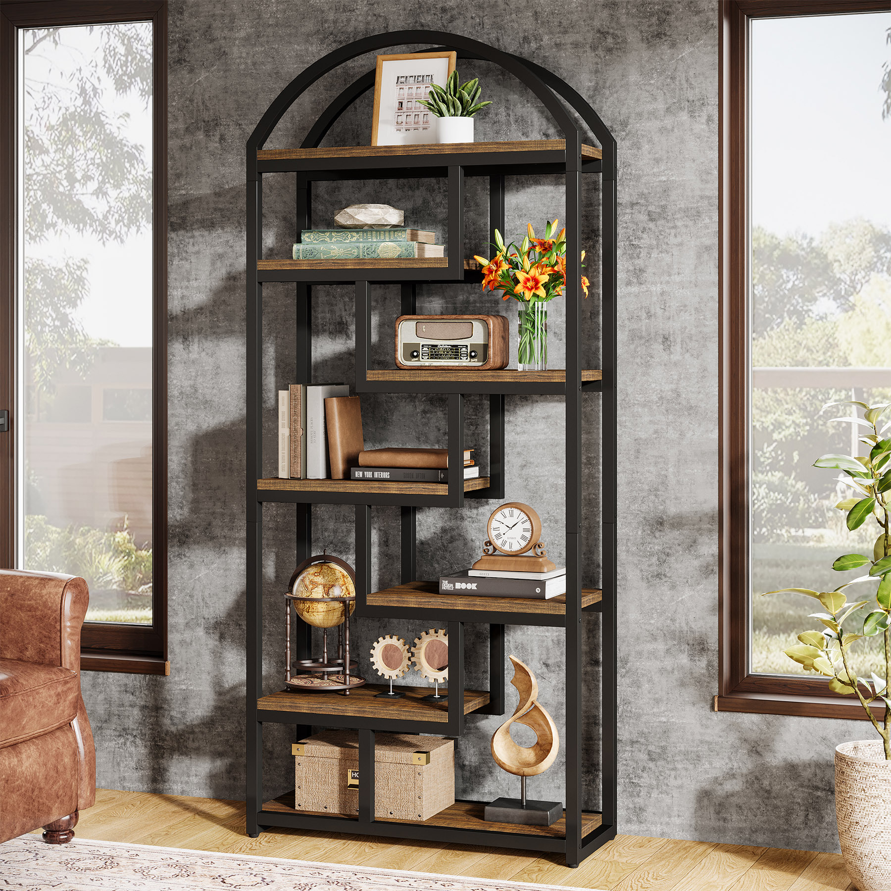 180cm High Bookshelf, 7-tiered Bookshelf In Industrial Style With Geometric Metal Frame And Open Shelves, Freestanding Shelf For Home Office, Living Room, Brown.