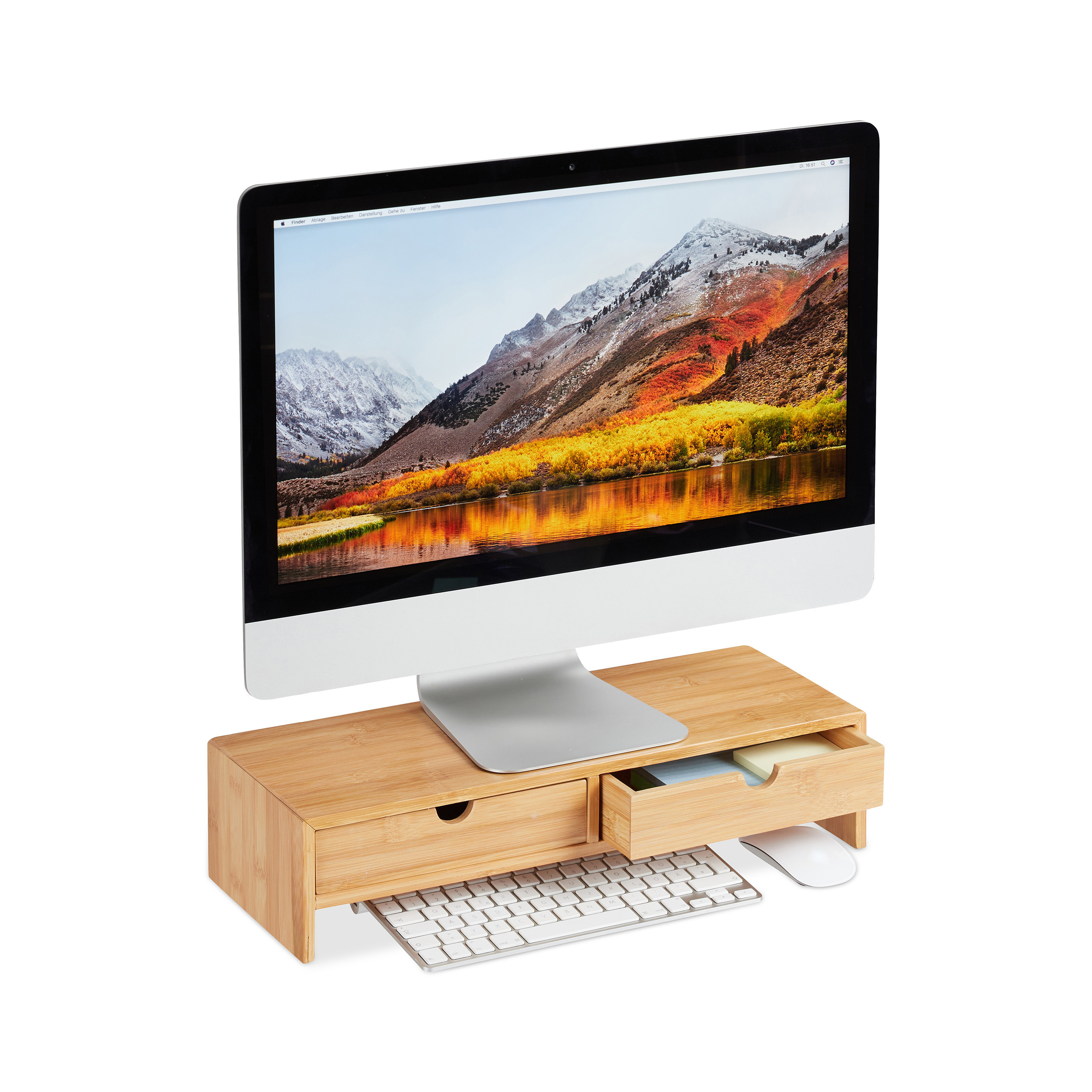 Monitor Stand With 2 Drawers In Natural Finish - (w)47 X (h)11.5 X (d)18 Cm