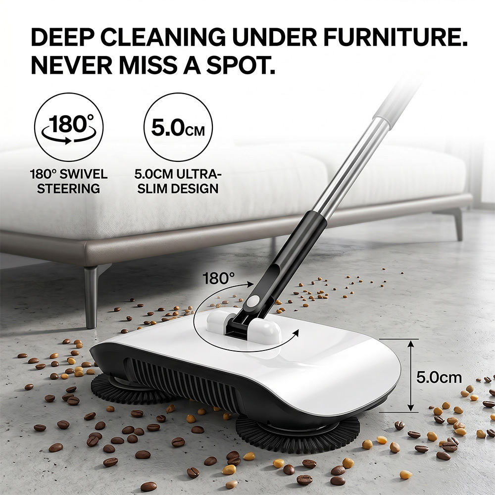 TEMU 2-in-1 Hand-push Sweeper And Mop With Dual-brush System And 40 Extended Edge Brushes, 180° Swivel Steering And 5.0cm Design For Under-furniture