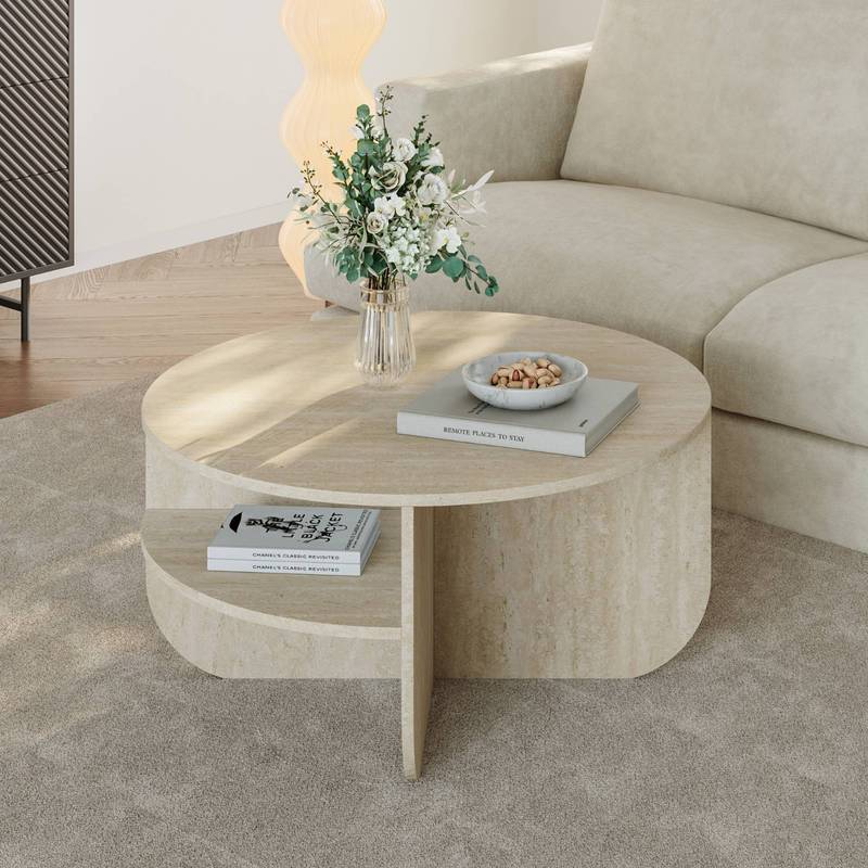TEMU Table Basse Reykhon 80 x 41 cm avec Rangement, Plateau Rond pour Salon