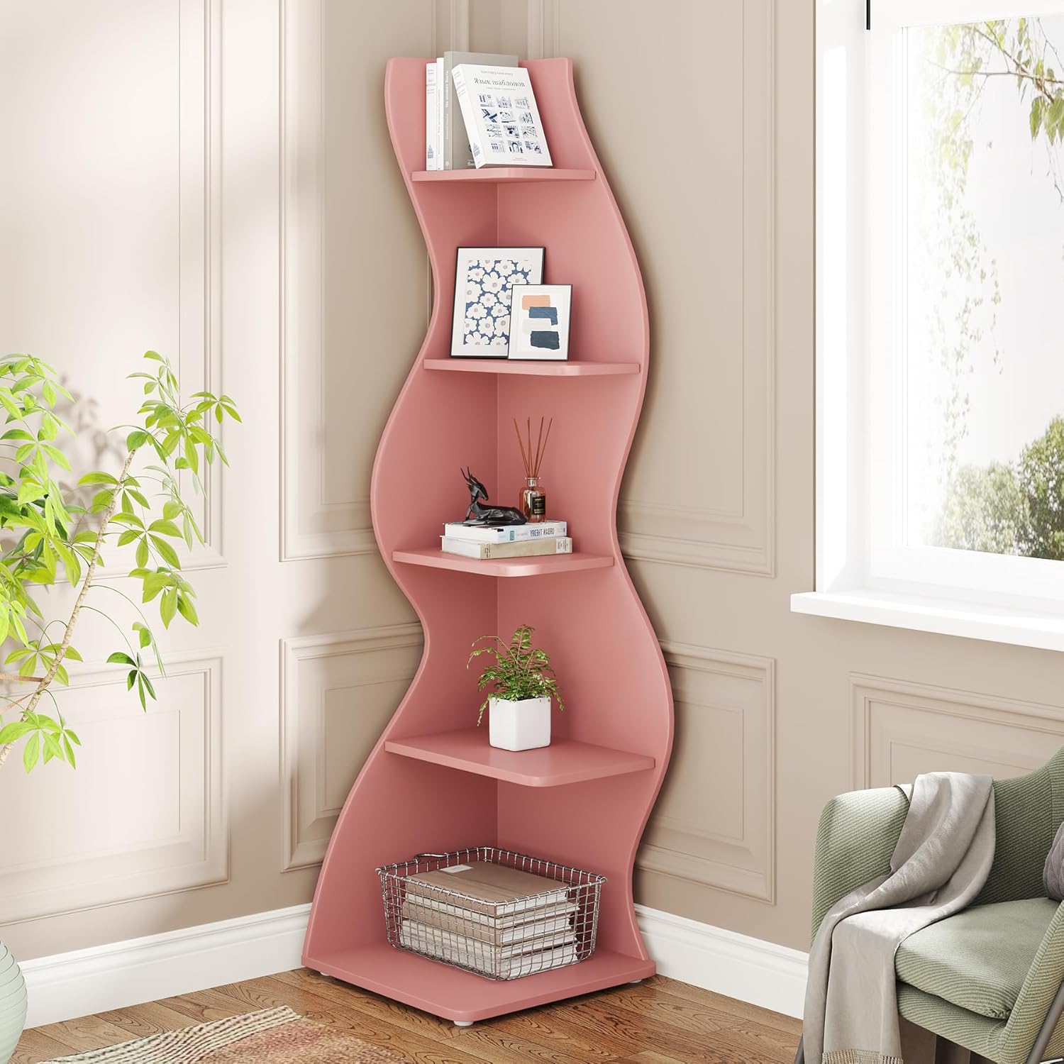 178cm Tier Corner Shelf, Modern Multifunctional Organizer Unit For Storage, Books, And Plants For Home, Office, Living Room, Bedroom, Balcony In Pink.
