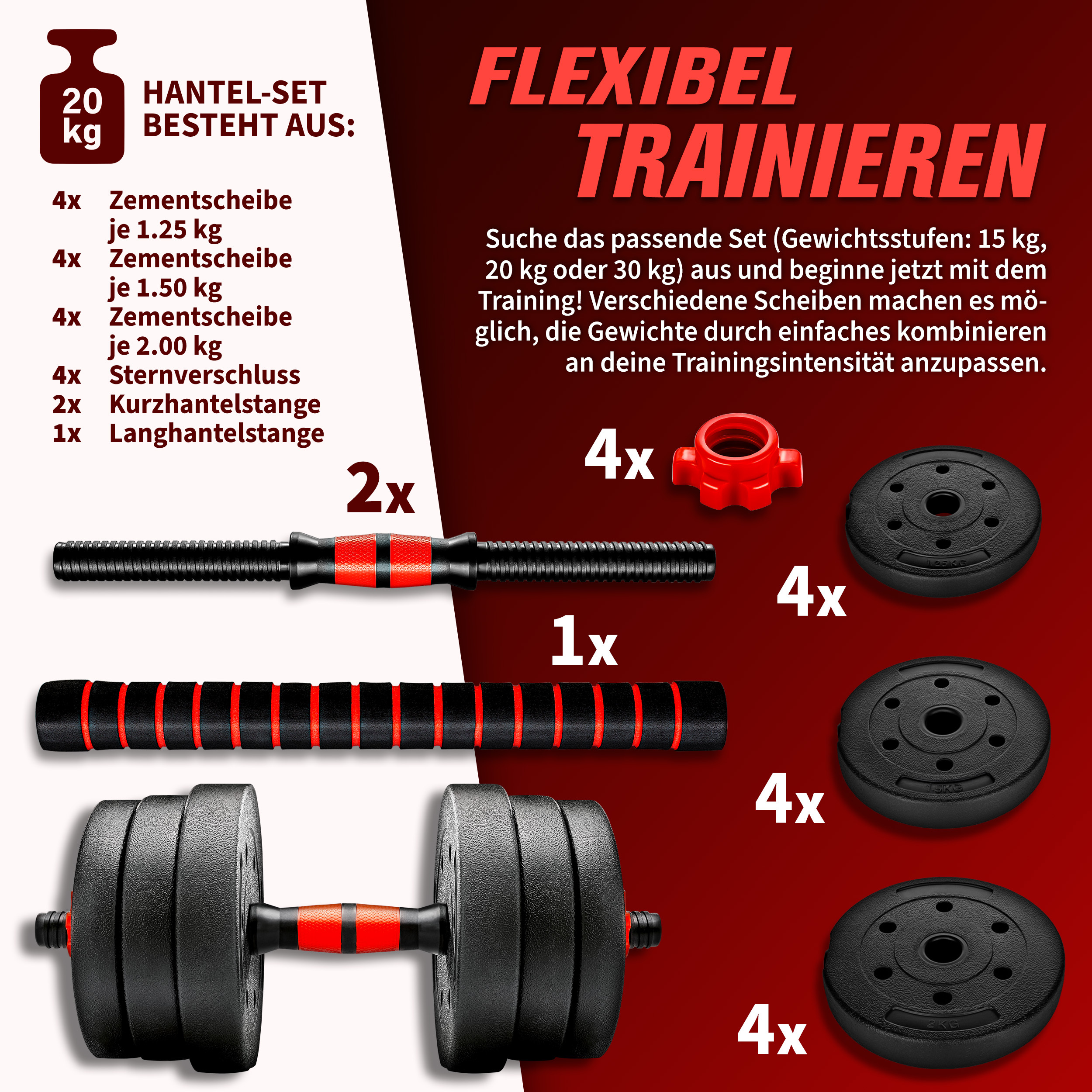 RE:SPORT 2-in-1 Dumbbell Set 20 kg | Verstelbare Dumbbell Set | Korte Dumbbell & Lange Dumbbell | Sterluchtingen & Verbindingsbuis