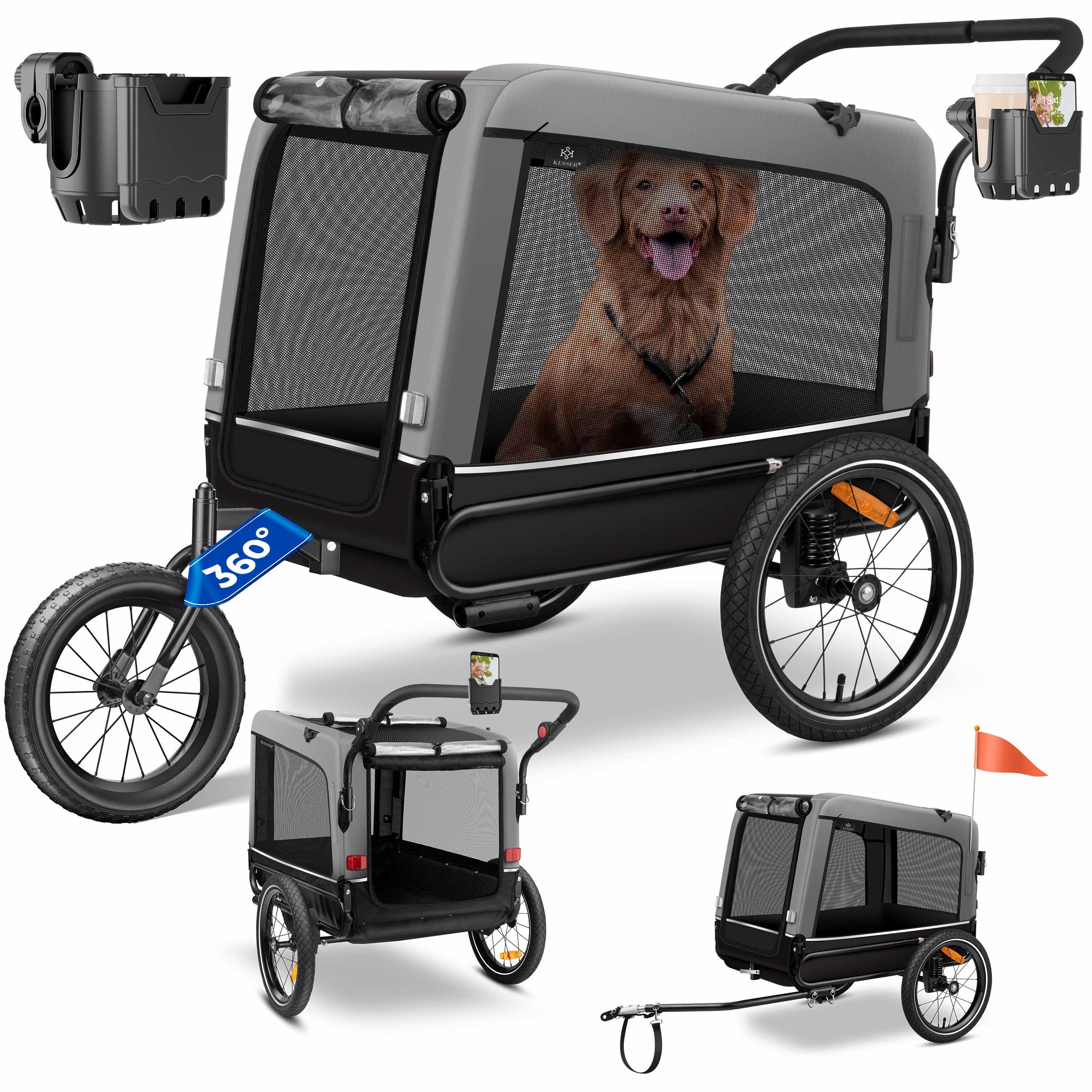 Image of Kesser® Boxer Dog Trailer 3-in-1 Dog Stroller & Jogger Bike Trailer, Large, . 240 Liter Volume, Suspension, 360° Front Wheel, 600d Oxford Canvas, , Load Capacity: 40 Kg