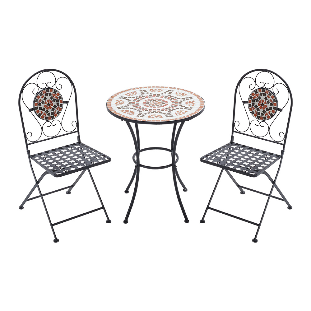 3PCS Mosaic Patterned Table Set with Garden Table and Folding Chairs
