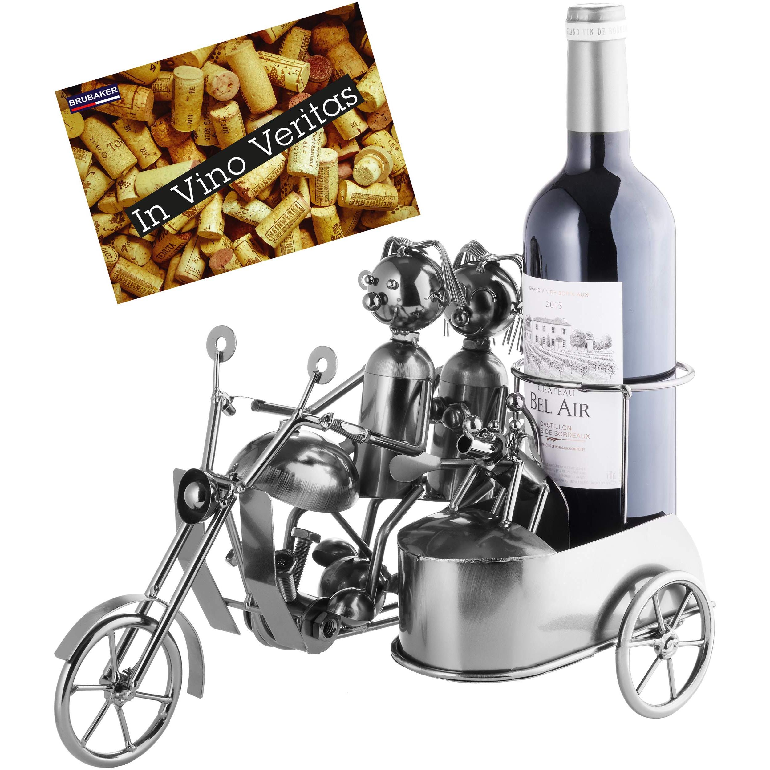 Image of Brubaker Wine Bottle Holder Motorcycle Pair With Sidecar And Dog - Metal Sculpture With Gift Card