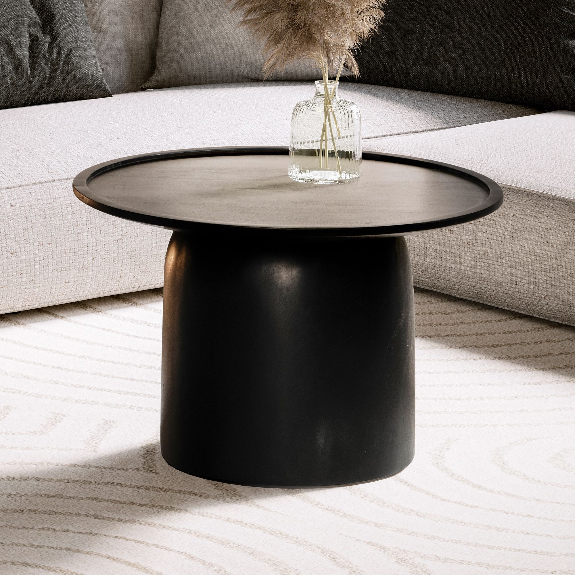 Coffee Table 60x60x40 Cm Solid Mango , Round Sofa Table, Design Living Room Table With Raised Edge, Modern Living Room Coffee Table With Drum Base