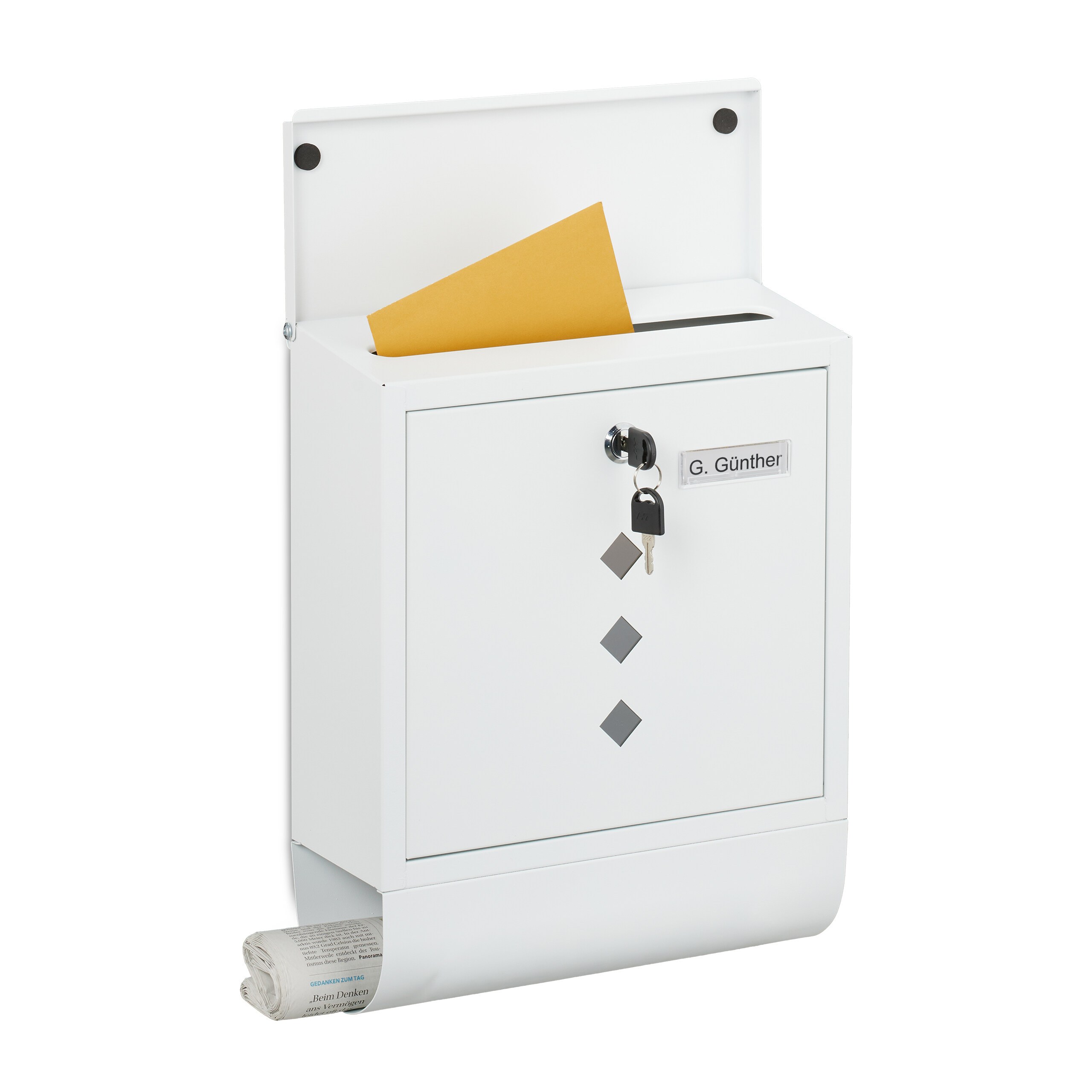 Image of Mailbox, Window, 4 Keys, 38 X 31 X 13 Cm, Iron, White, Newspaper Compartment With Newspaper Tube And Rain Protection Flap, For House Wall, Entrance Area And Multi-, Mailbox, Wall Mailbox, , Relaxdays.