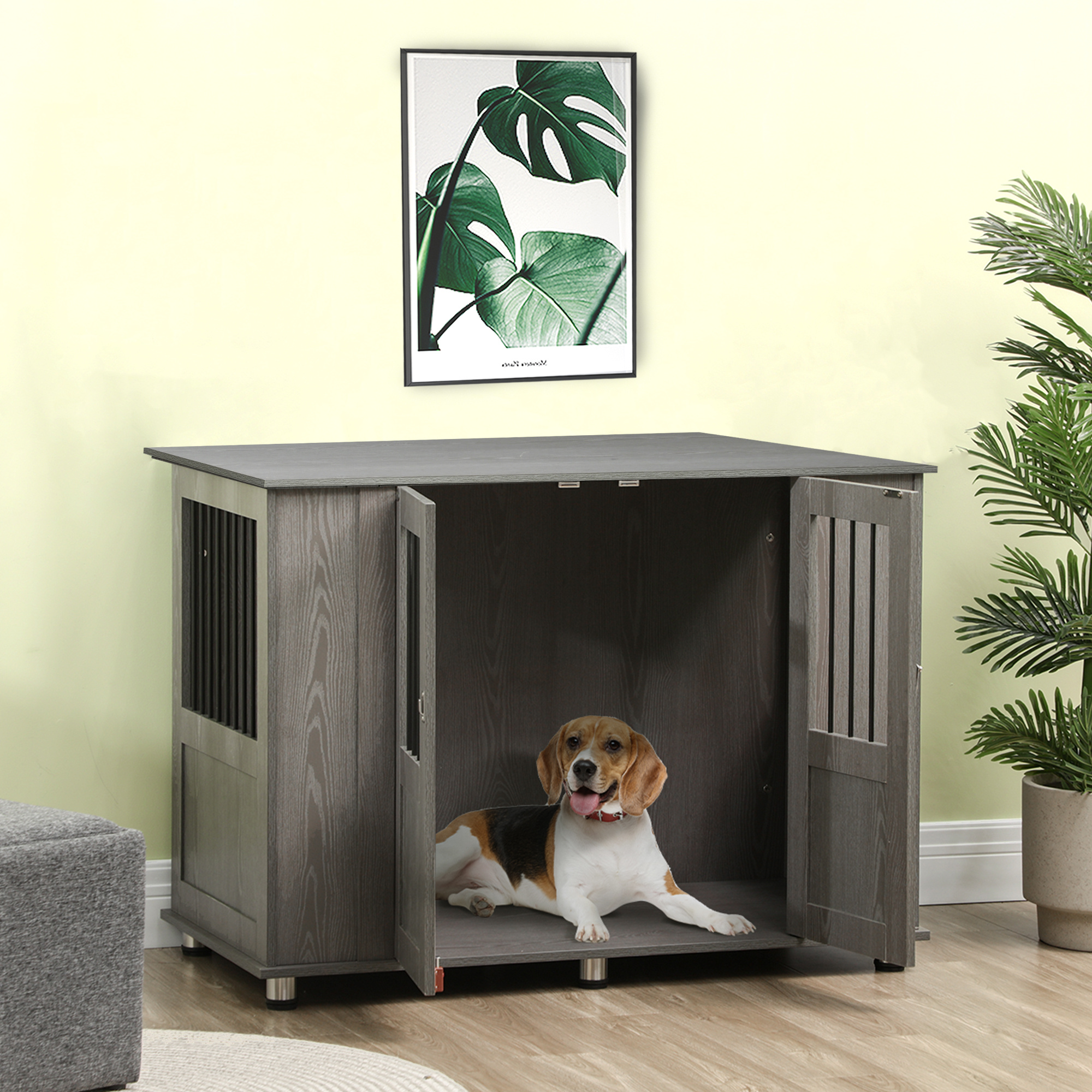 Image of Dog Cage Furniture 114cm Dog Box For Home, Modern Dog House With Magnetic Door, Lock, Window Lockable Dog House For Extra Large Dogs Up To 35kg, 114 X 60 X 82 Cm, Grey