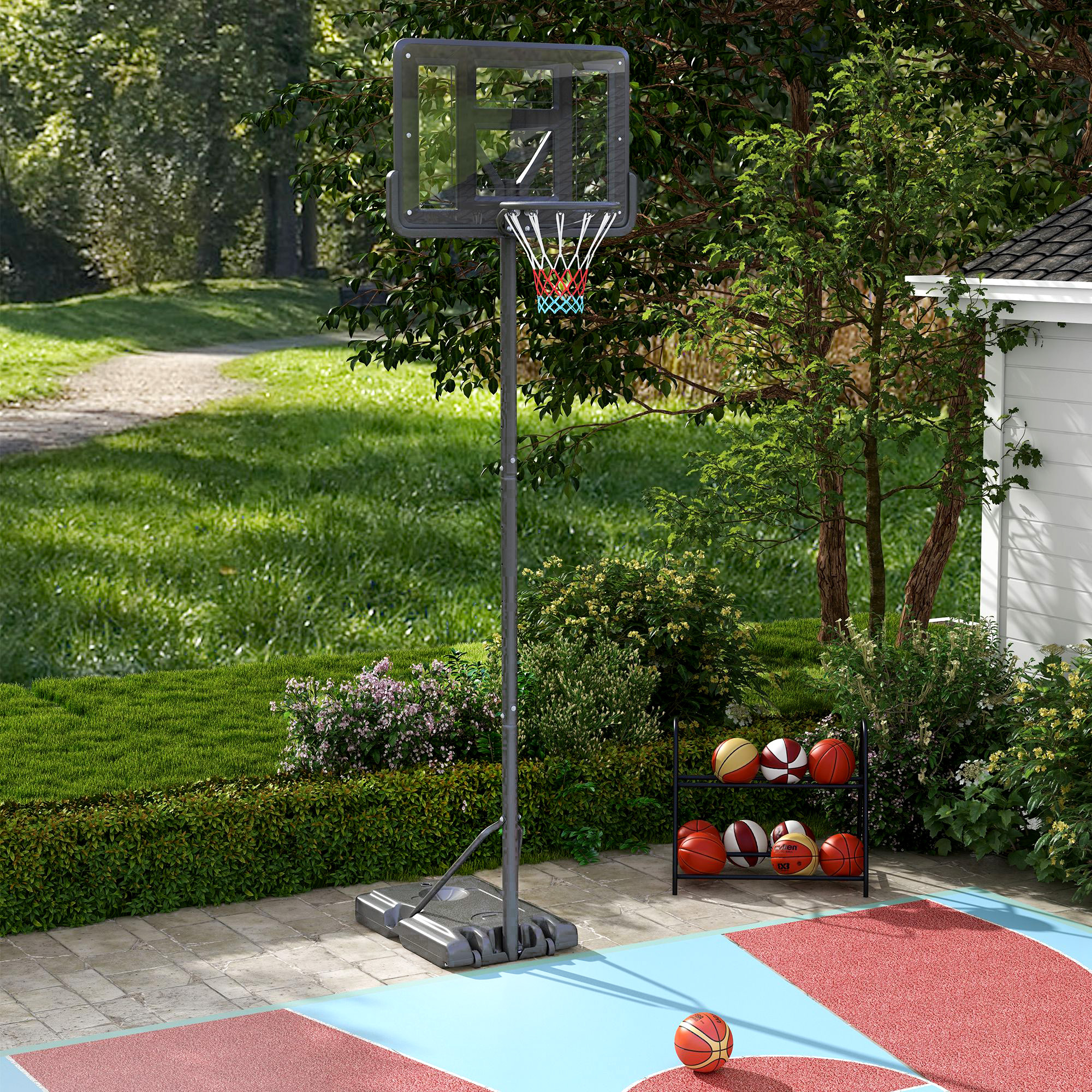 Image of Basketball Stands With Wheels 110x75cm Backboard, Mobile Basketball Hoop With Stand, Adjustable Hoop Height 230 To 305 Cm, Basketball For Adults, For Outdoor Swimming Pool Area