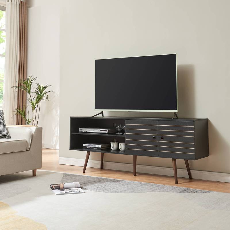 Vare Tv Cabinet Lowboard 160 X 40 Cm With 2 Doors And 2 Open Compartments, Black