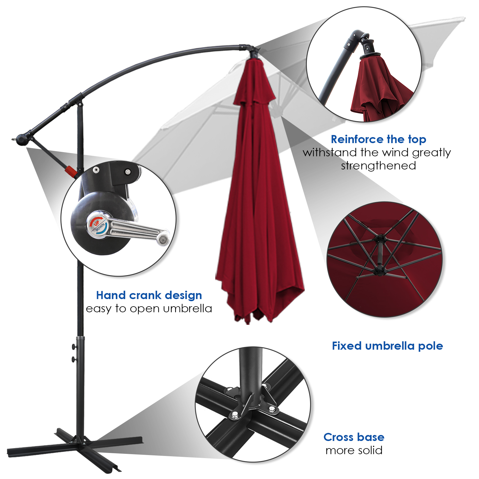Parasol, parasol cantilever, avec support et lumière, protection solaire, protection UV jusqu'à UV30+, ouverture et fermeture faciles, pour jardin, terrasse, 300 cm