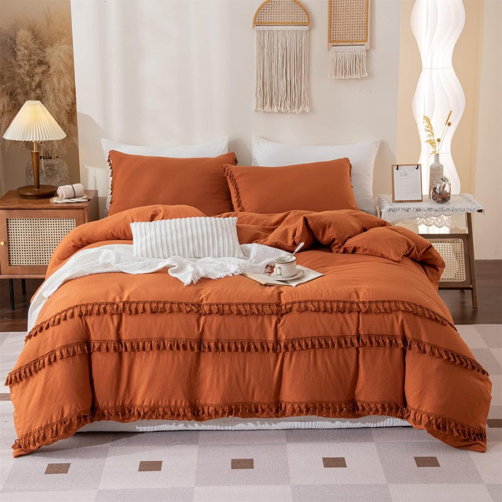 

Bohemian Bedding Caramel Tassel Fringe Boho Chic Bedding Set Washed Microfiber Bedding Set Bohemian Luxury Girls Duvet Cover With Zipper And Pillowcase 80x80cm