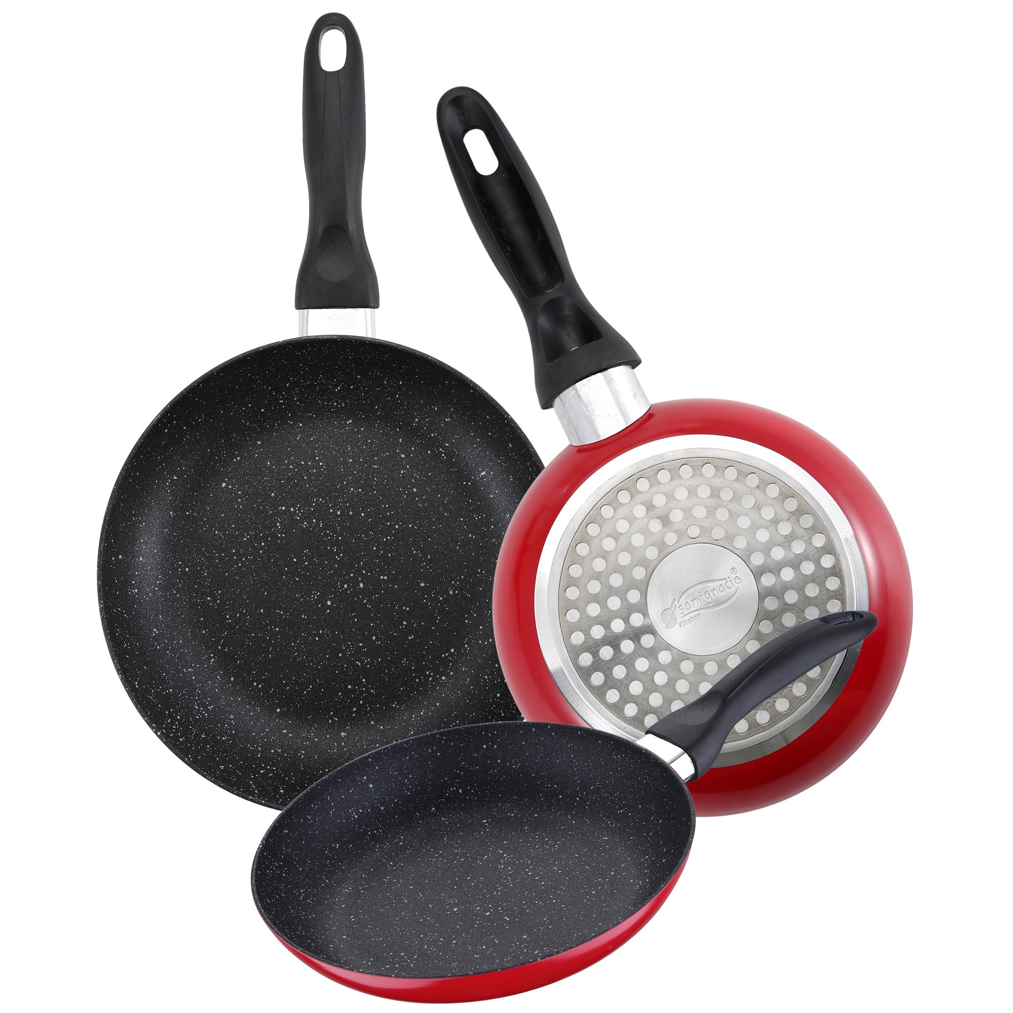 3 Frying Pans Set By 'san ' With Marble Coating Ø16 Cm Ø20 Cm Ø24 Cm