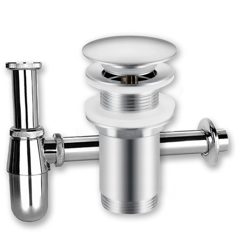 Image of Set: Silver Click- Drain Plug Without Overflow + Sink Trap For Washbasin