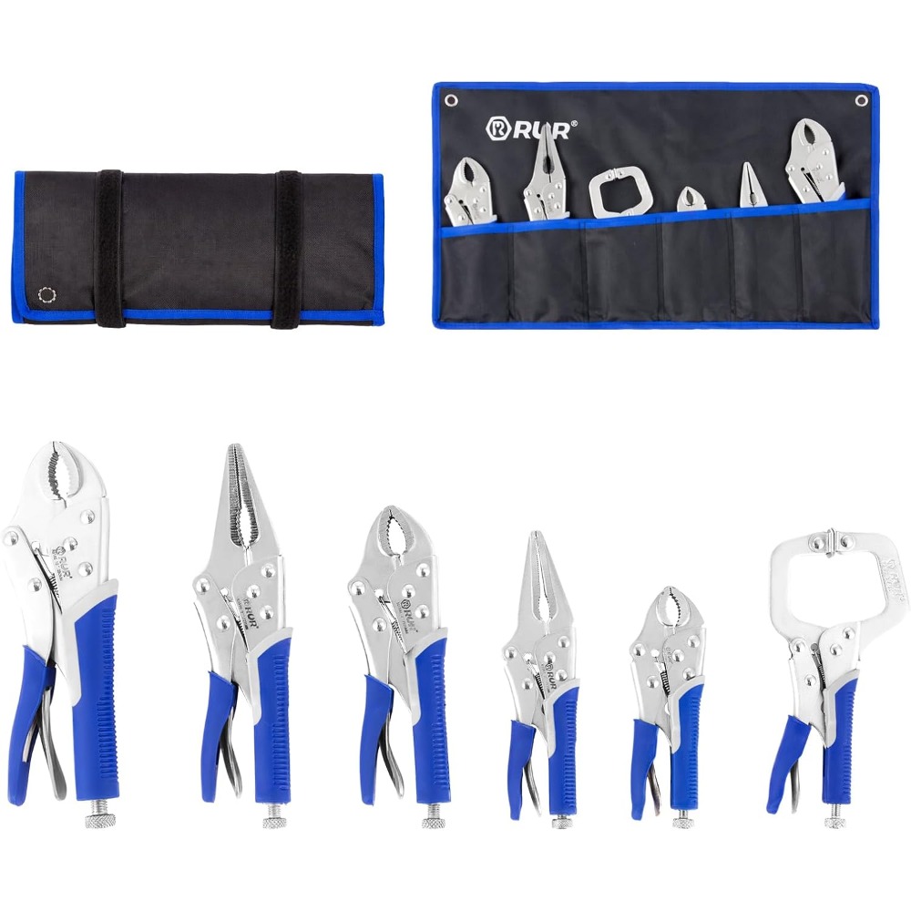 TEMU 6pcs Locking Pliers Set Heavy Duty Curved Jaw Long Nose Grip Pliers Adjustable With Storage Roll For Diy Automotive Repair And Home Use