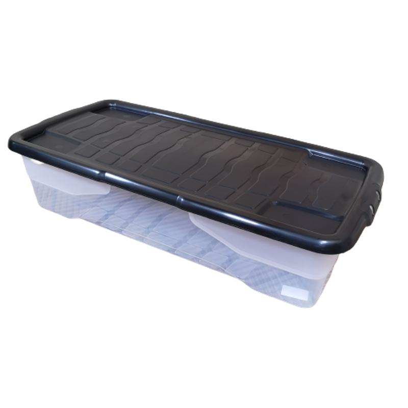42L Clear Under Bed Storage Box with Black Lid, Stackable Design