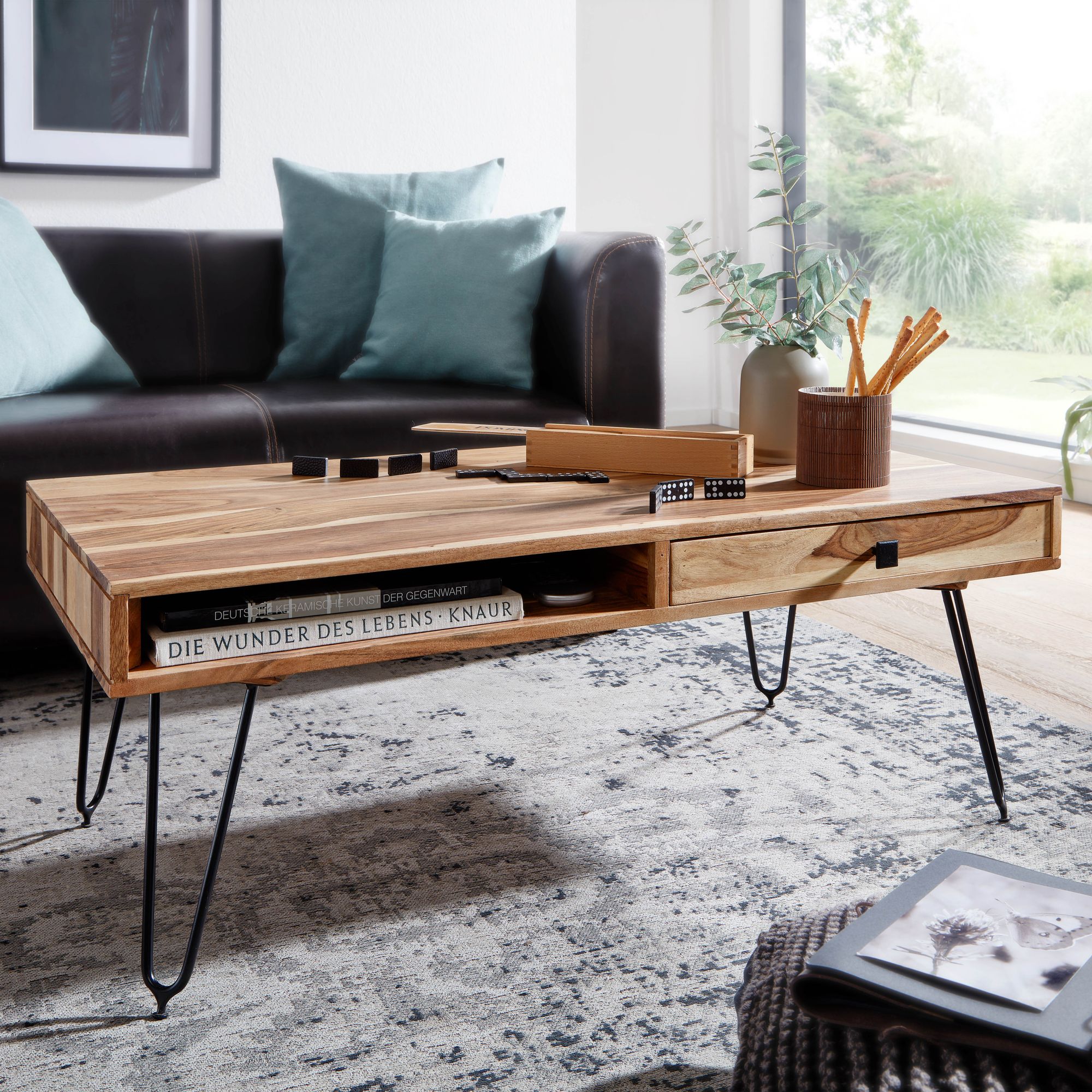 Image of Harlem Solid Wood Coffee Table 110 Cm Wide Living Room Metal Legs Country House Style Side Table With Drawer