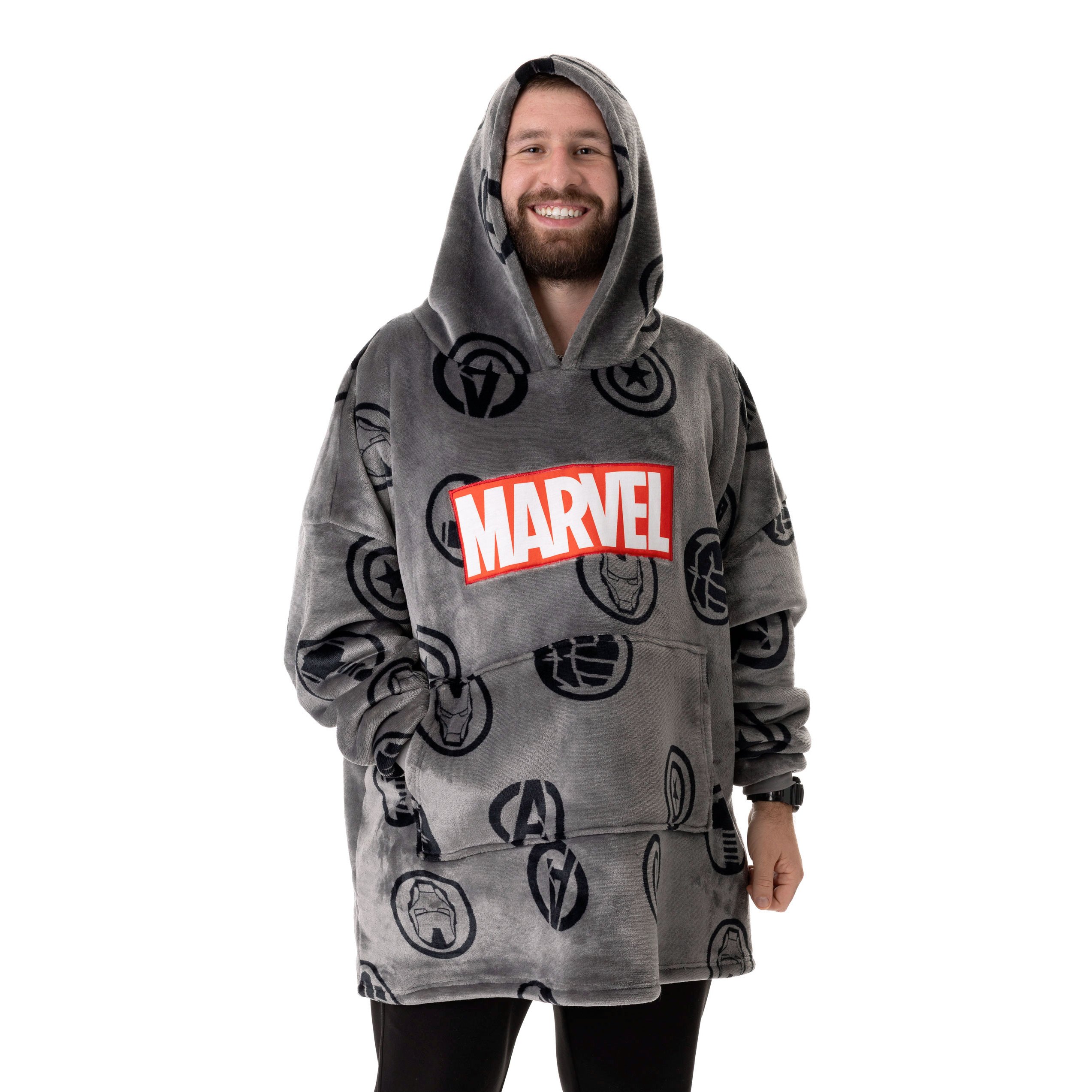 TEMU Avengers Mens Wearable Blanket Hoodie | Grey Pullover With Avengers All Graphic Icons | Adults Sherpa Lined Hooded Loungewear | Superhero Comic