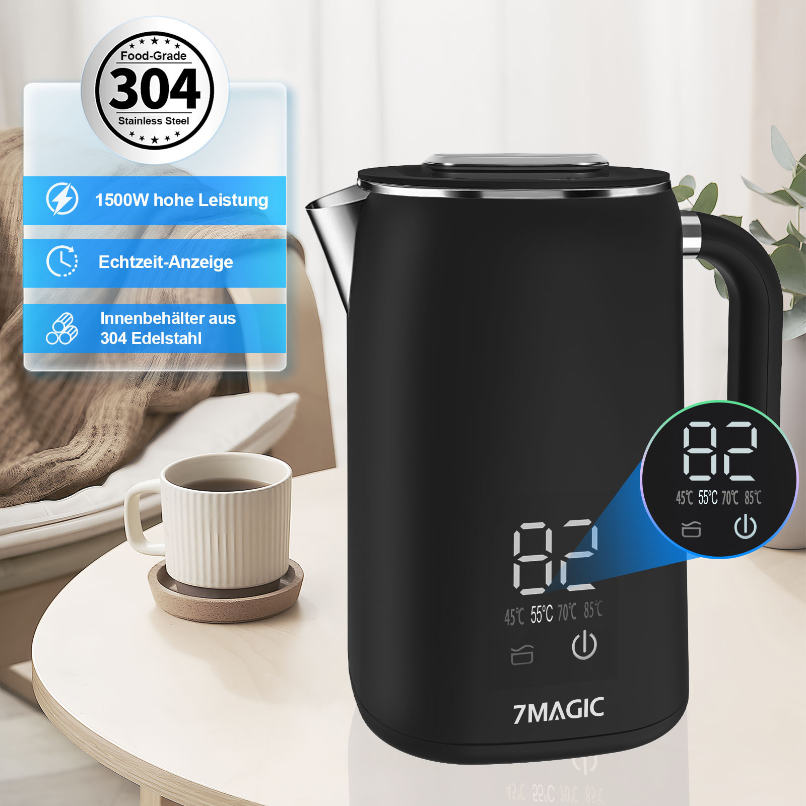 TEMU 1.7l Electric Kettle With Temperature Display, Tea Kettle, Rapid Boiling, Stainless Steel, Double-walled Design, Quiet&anti-scalding, Rapid