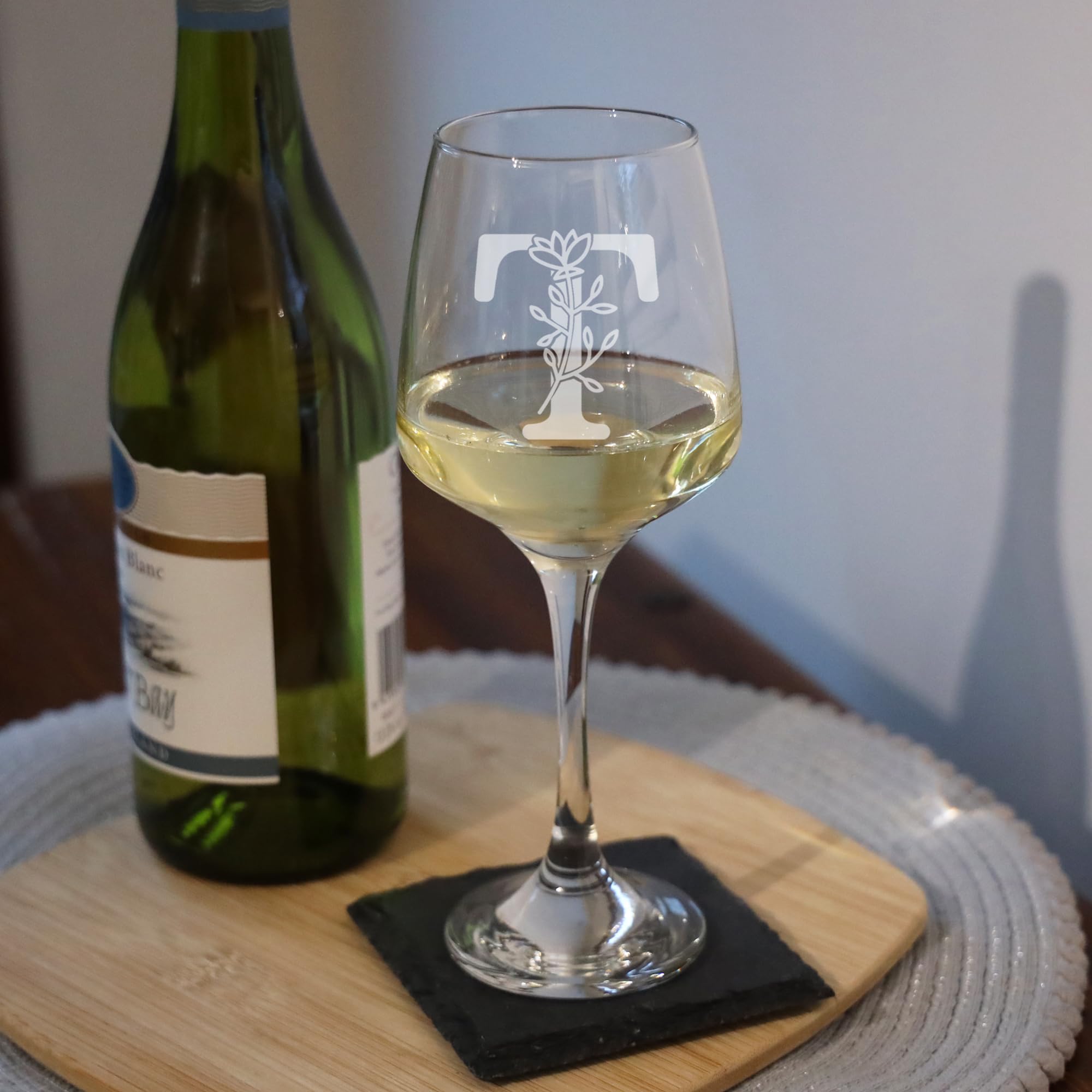 T Monogram Initial Etched Wine Glass Engraved Name