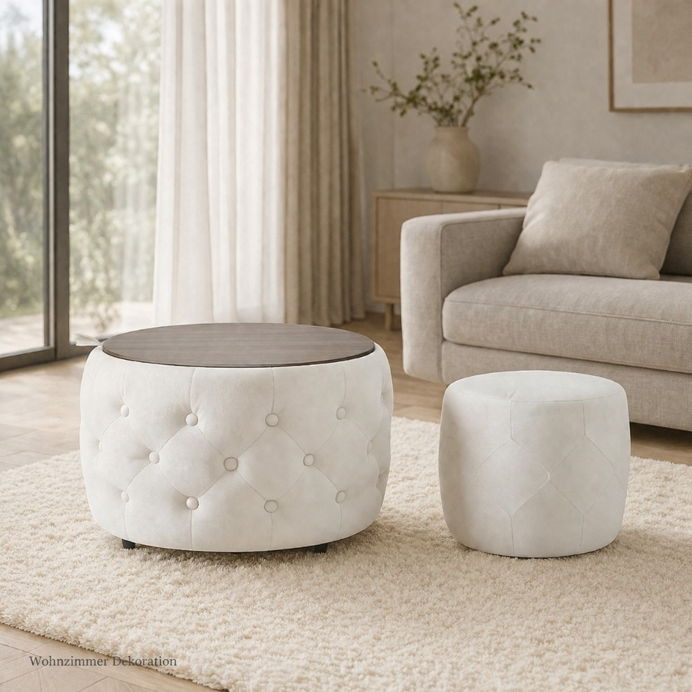Image of 60x60x38cm + 37x37x32cm 2-in-1 Nest Stool Set With Velvet Cover, Removable Wooden Tray, And Hidden Storage, Multifunctional Round Stool For Living Room, Bedroom, Hallway