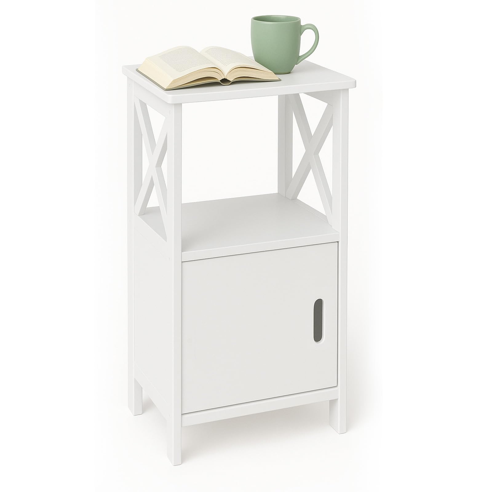 E-shop Nachttisch, Beistelltisch mit Schublade und offenem Ablagefach – Weißer Sideboard für Schlafzimmer & Wohnzimmer – Praktischer Nachttisch mit