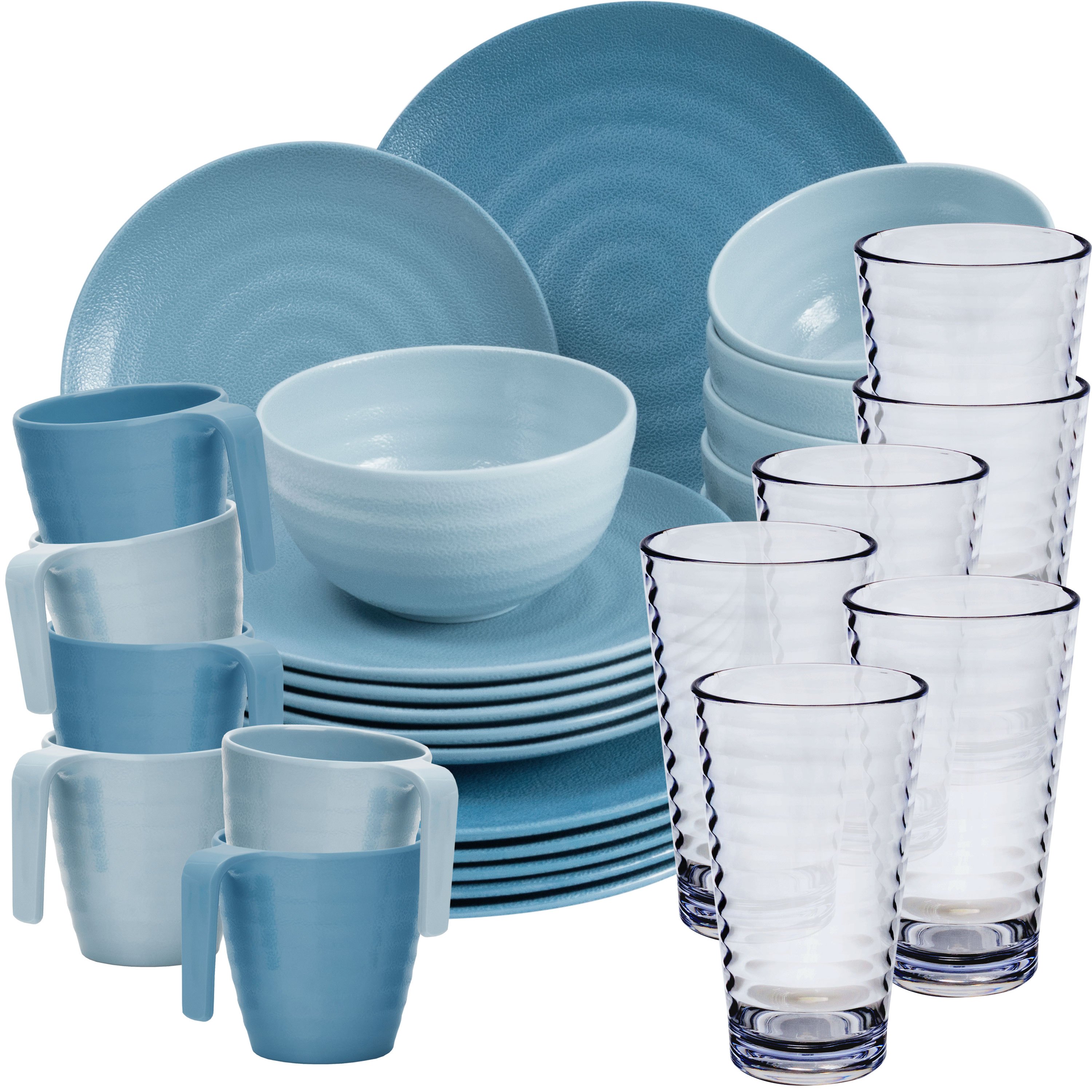 Image of Elegant 30-piece Camping Tableware Set In Blue With 400ml Clear Water Glass - Dinnerware, Glasses, Water Glass, Tumbler, Whiskey Glass For 6 People - Ideal For Camping, Picnics, Modern Outdoor Use