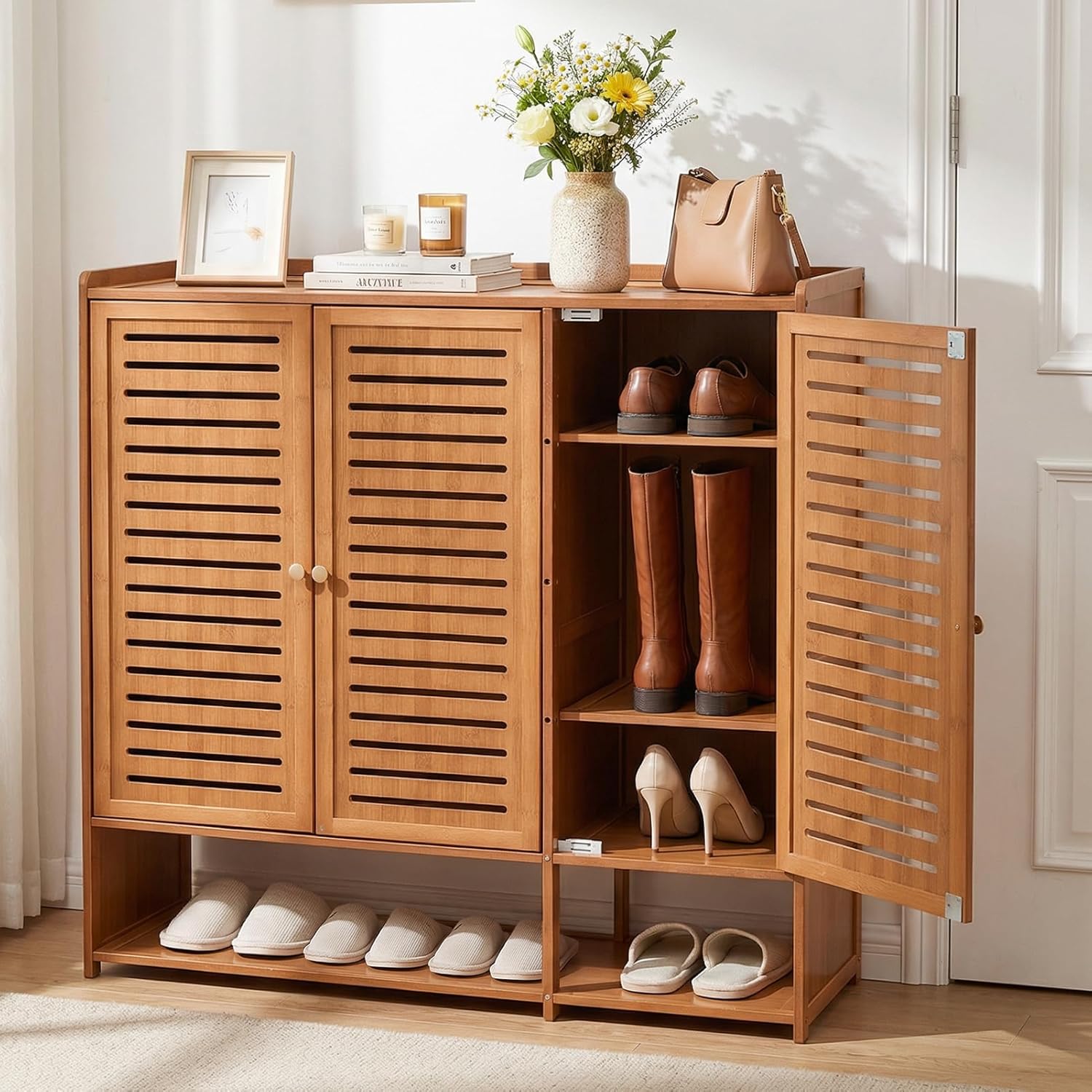 TEMU Shoe Cabinet Shoe Storage With 3 Doors For Hallway Shoe Rack Cabinet Freestanding 5 Tiers Shoe Storage Cabinet For Entryway, Living Room,