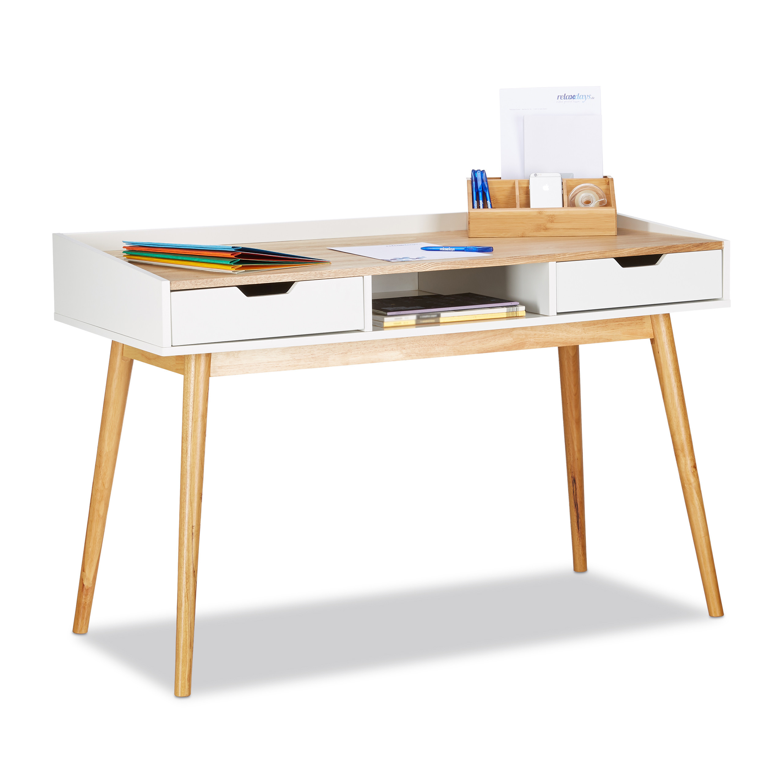 TEMU Escritorio rectangular, 2 cajones, 120 x 55 x 76 cm, madera de pino y MDF, y marrón, con estante y tablero con , para oficina, estudio y