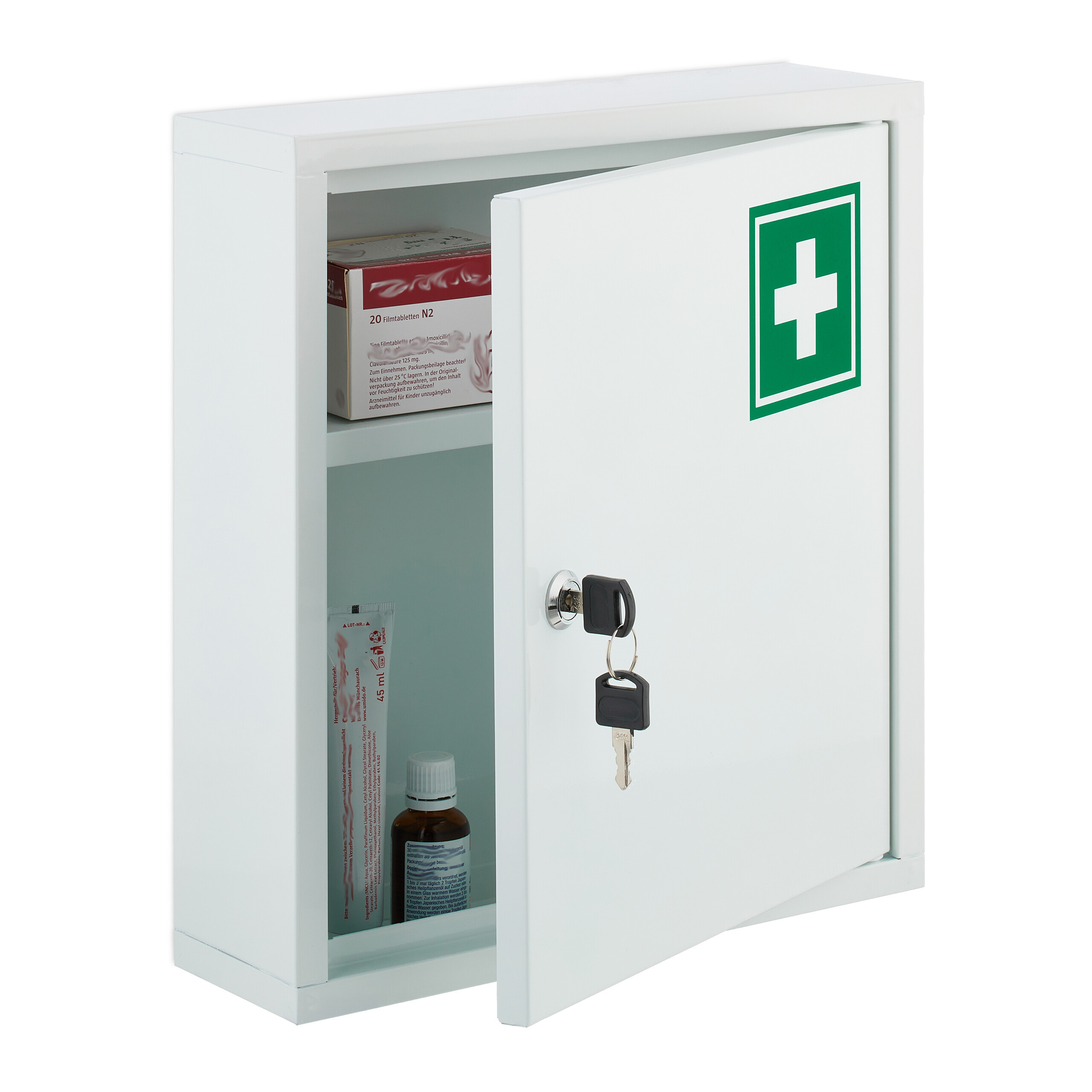 TEMU Armoire à pharmacie, verrouillable, 2 compartiments, acier, 36 x x 10 cm, blanche avec , fixation murale avec matériel et 2 clés, pour salle de