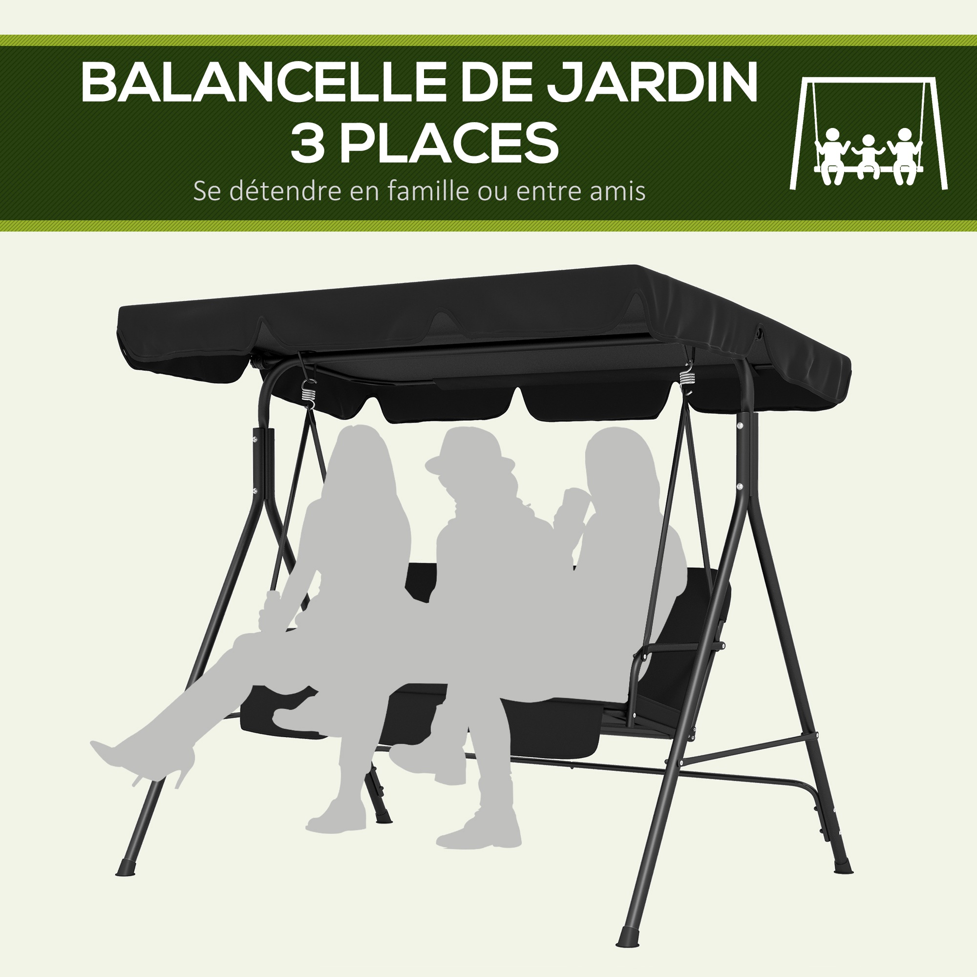 Balancier de jardin Outsunny 3 sièges, siège et dossier réglables, coussins 1,72L x 1,1L x 1,53H m noir acier noir polyester