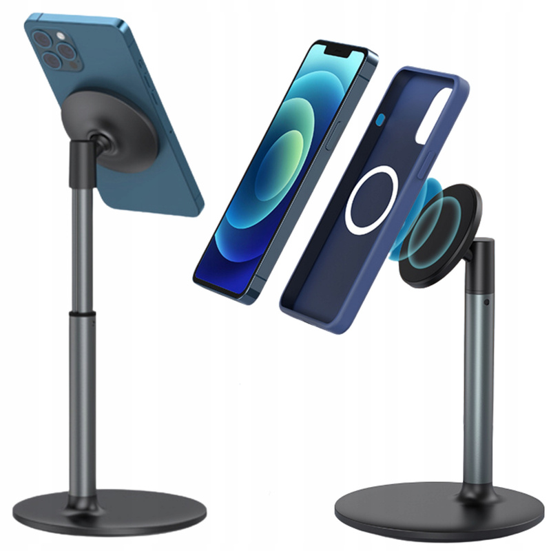 Image of Wobell Magnetic Phone Holder, Desk Stand With Swivel Head And Height Adjustment, 20 , Magsafe Compatible, Ring Adapter, Stable Aluminum, Universal
