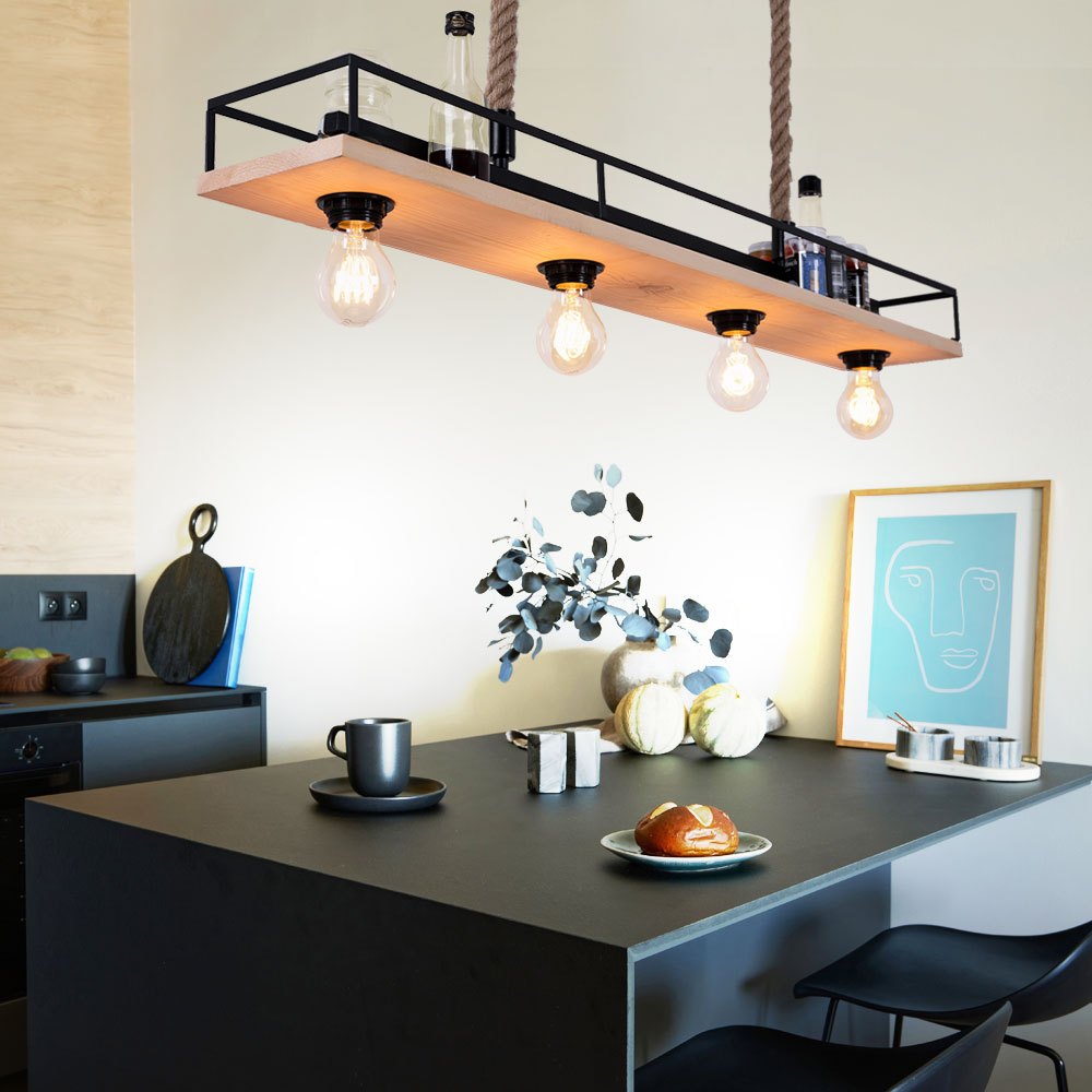 Image of Wooden Pendant Lamp Ceiling Lamp Living Room Pendant Lamp With Hemp Rope, Metal Frame With Shelf Black, 4x E27, Lxh 95x120 Cm