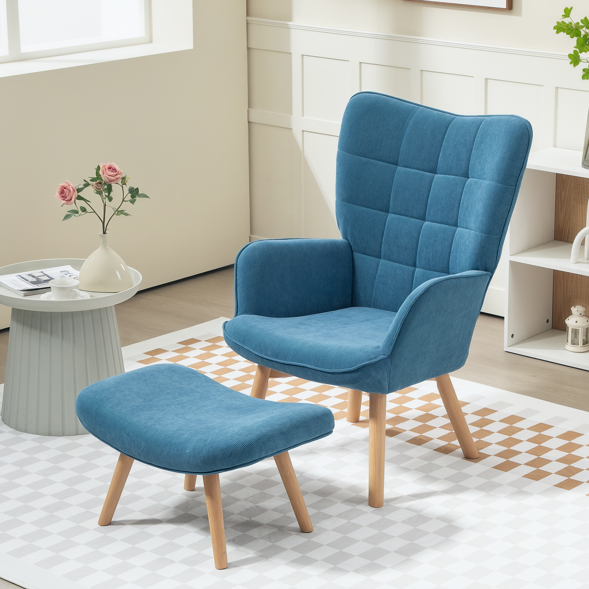 Image of Armchair With Stool, High Back Armchair, Wooden Legs, Tufted Chair, Cord Look, For Living Room, Blue
