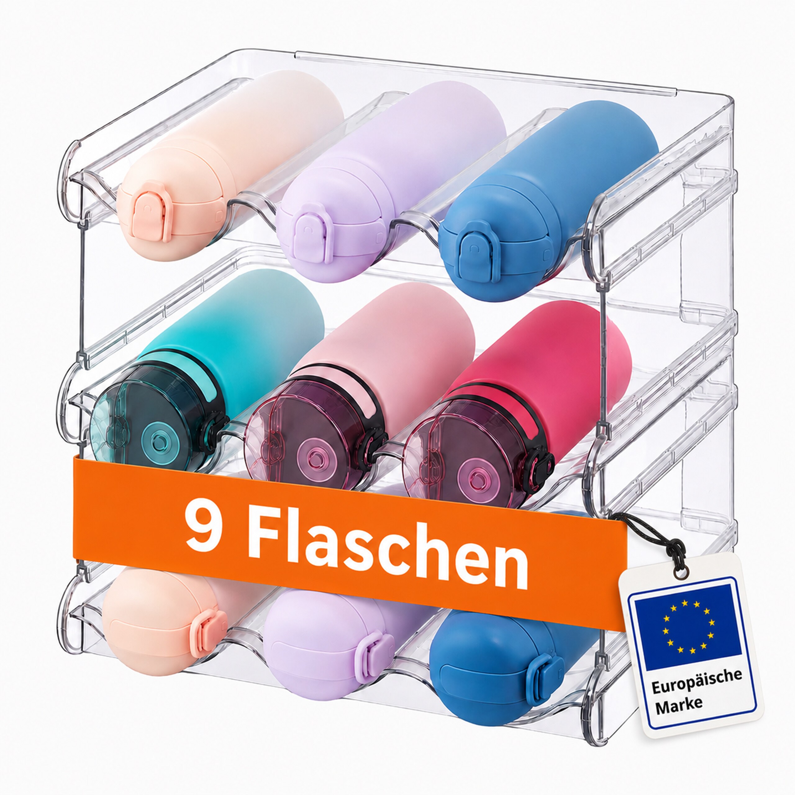 TEMU Flaschenhalter stapelbar, 9 Flaschen, 3 Etagen, 26 x 28 x 20 cm, lebensmittelechter PET-Kunststoff, transparent, rutschfeste Wellenablage, für