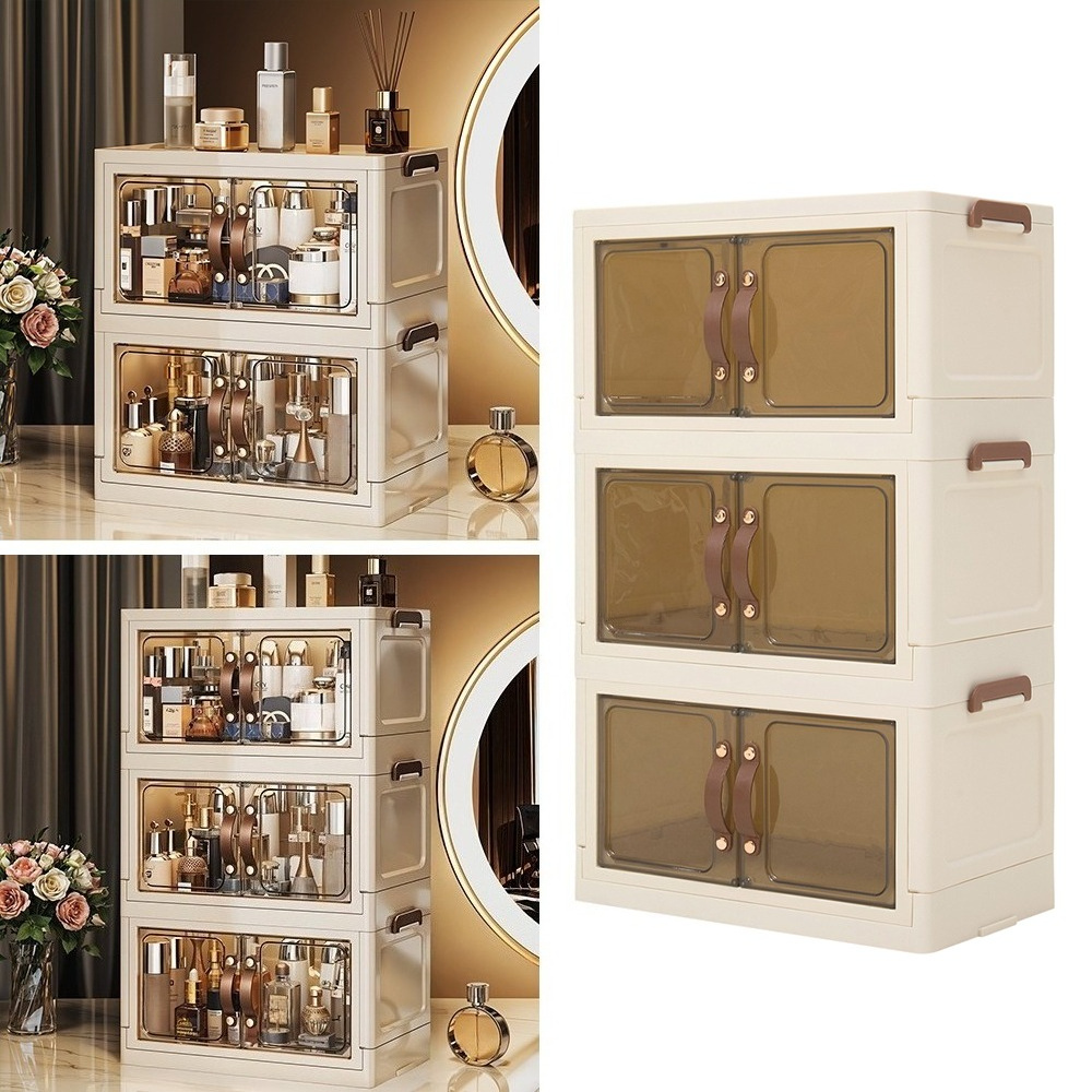 TEMU 2/3 Tier Desk Organizer Cosmetic Storage Box Case With Opening Front Doors, Stackable Storage Bin Foldable Large Capacity Cosmetic Storage