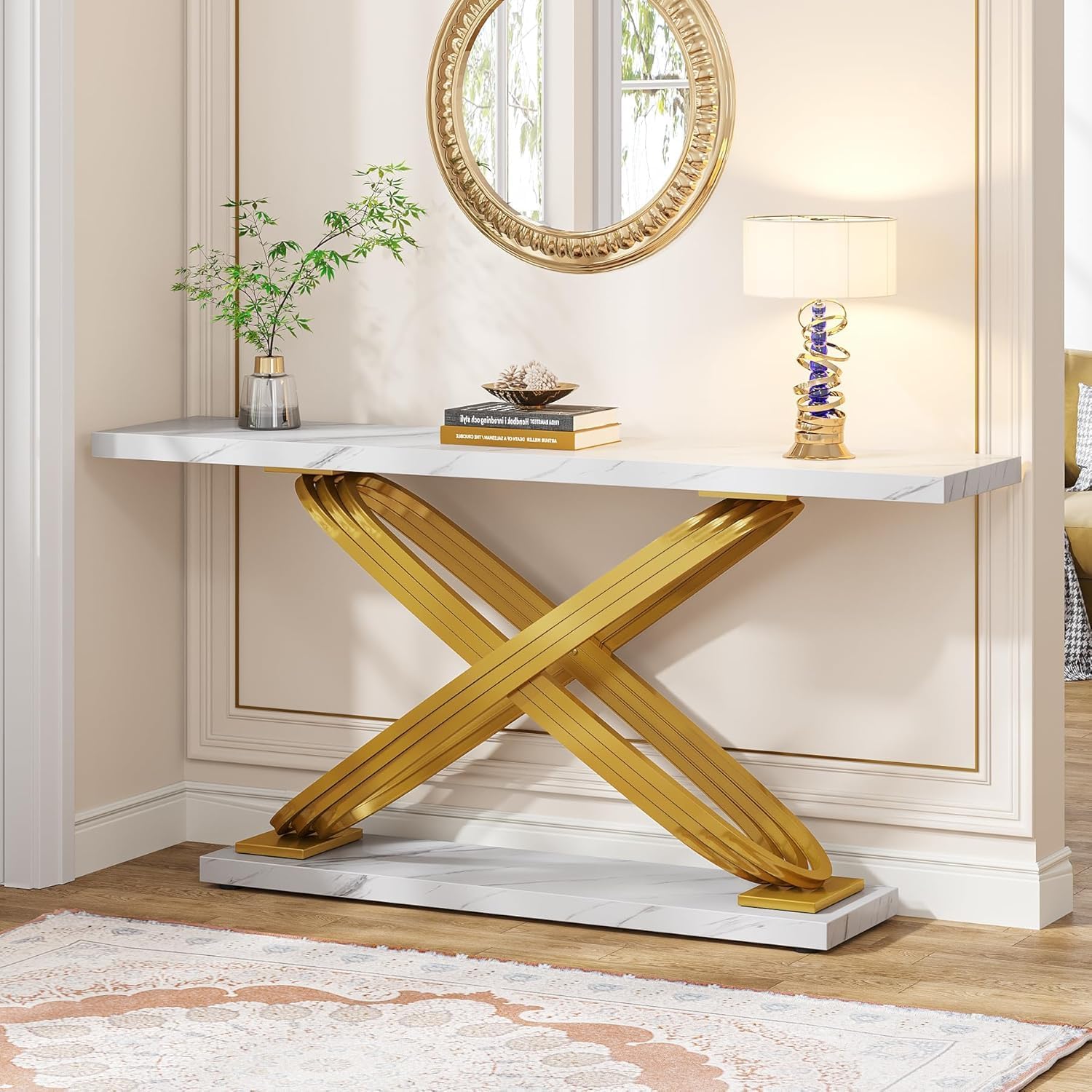 140x33x80cm Modern Console Table, Marble Narrow Sofa Table For Behind Couch Living Room Bedroom Entryway In Gold And White.