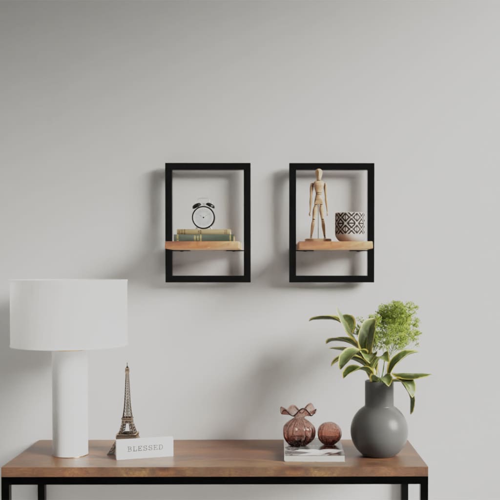 Vidaxl 2x Wall Shelf Wall Shelves Hanging Shelf Bookshelf Floating Shelf Bathroom Shelf Kitchen Shelf Wall Board Shelf Shelves 25x25x35cm Solid Wood Acacia Steel