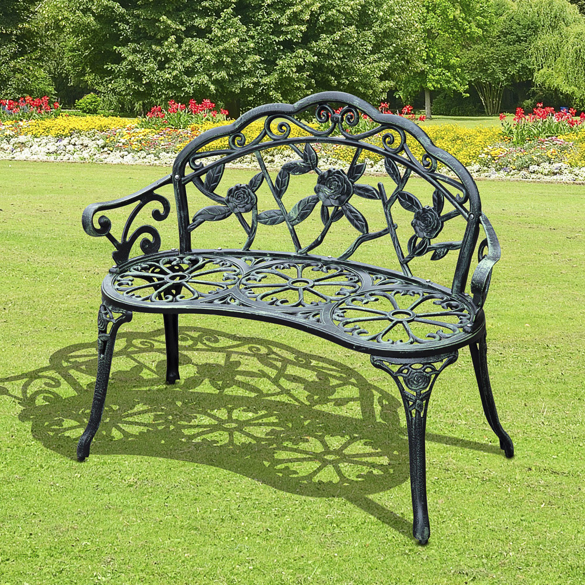 TEMU Outsunny 2-seater Garden Bench In Neo-retro Style With Rose Striped Design, 100l X 54w X 78h Cm, Aged Green Aluminum Frame
