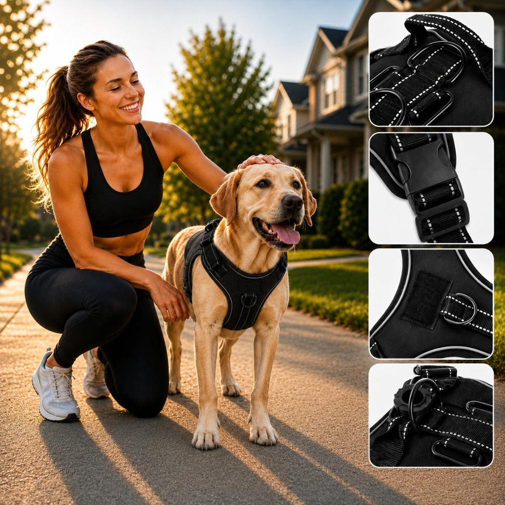 Heavy Duty Large Dog Harness with Top Handle & Shock-Absorbing Bungee Attachment