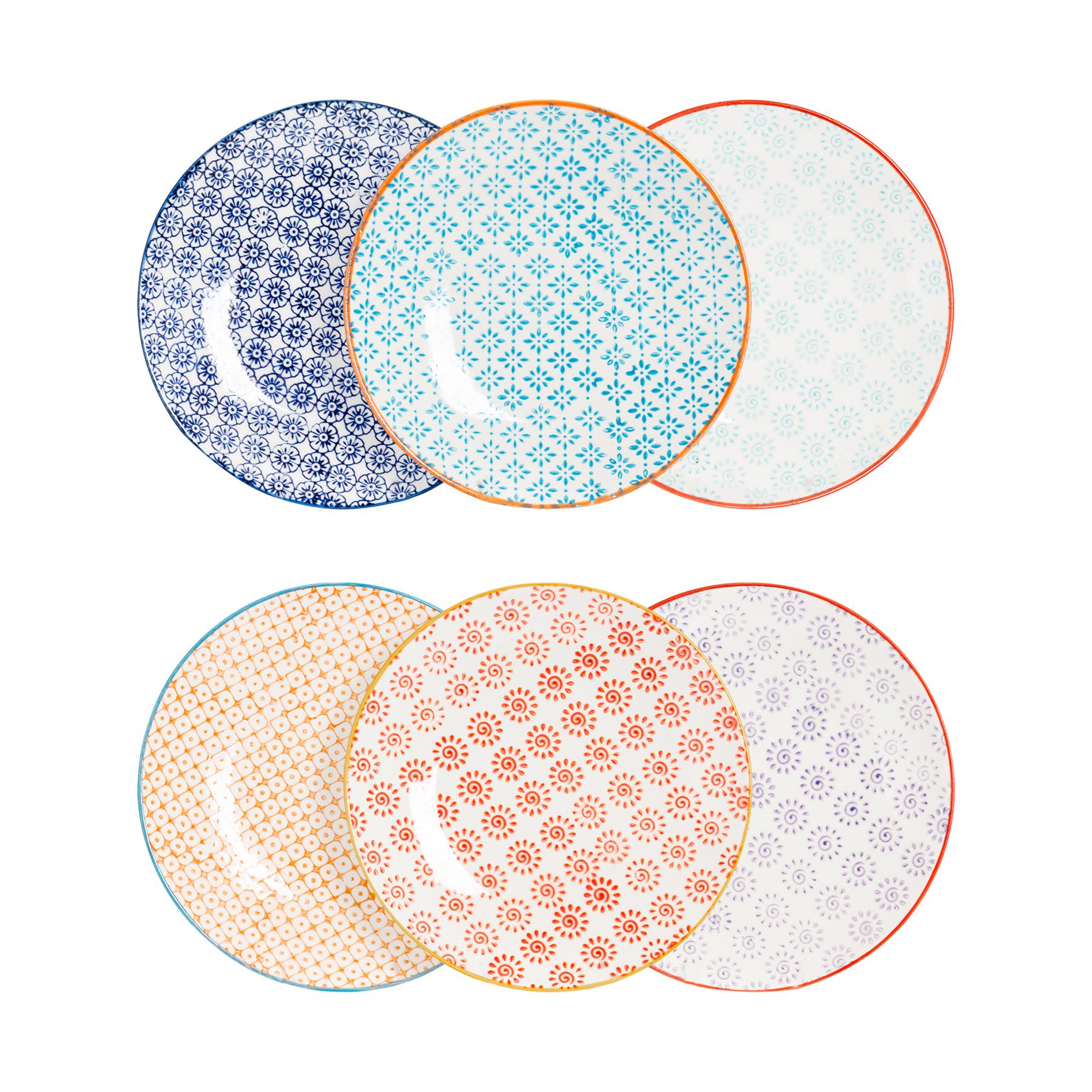 TEMU Hand-printed - 18cm - 6 Colours - Pack Of 6 - Stoneware Decorative Patterned Dining Dish Plates For Snacks, Starters, Dinner, Dessert