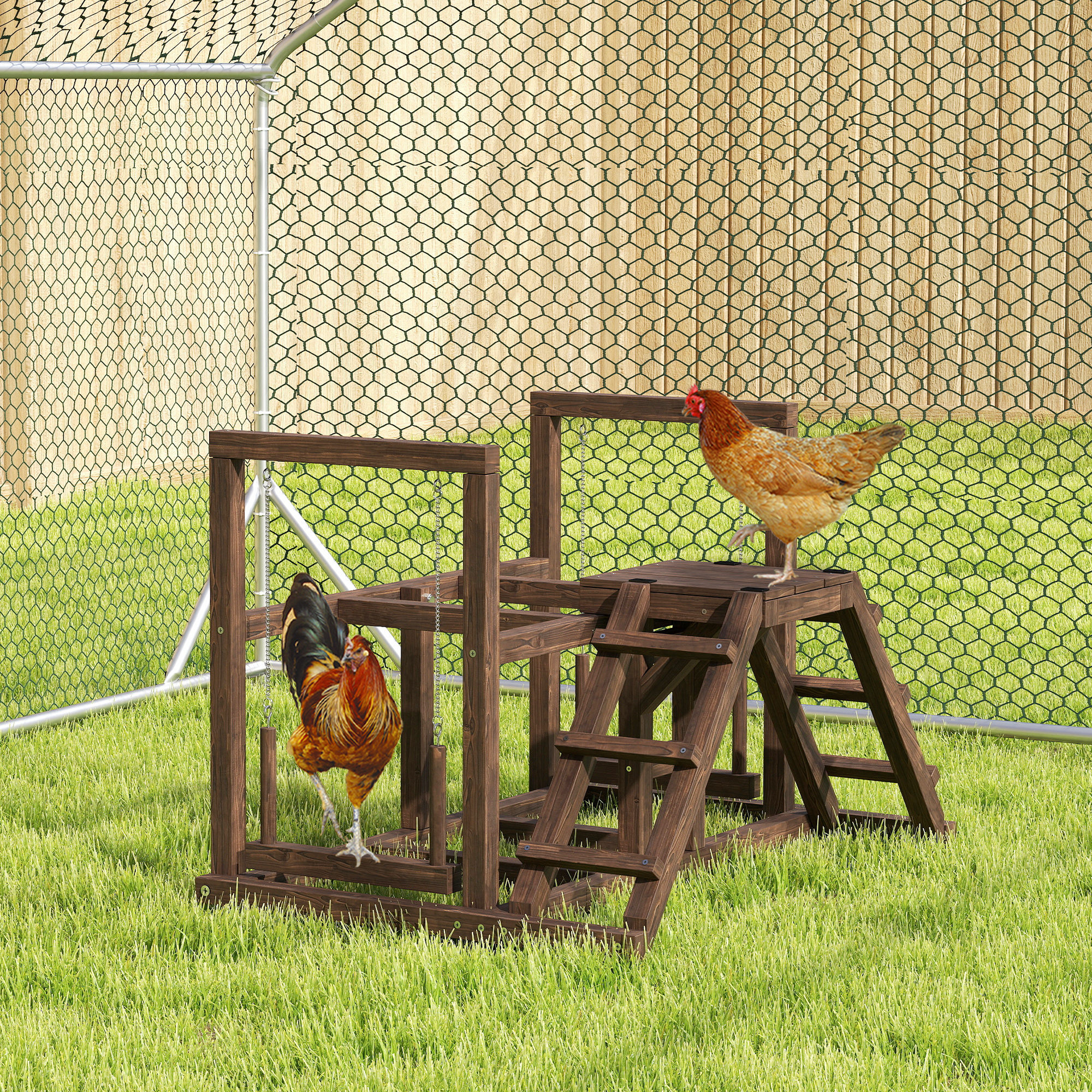 Image of Frame Made Of Wood, Playground For Chickens With Chicken Bars, Swing, Ladder, Platforms Chicken Climbing Frame For 3 Chickens Brown