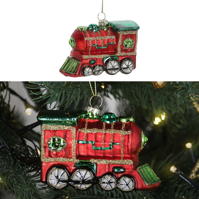 Hand-painted Railway Christmas Ornament, 9x6x5cm, Colorful Glitter Glass, Christmas Tree Hanger, Tree Decoration