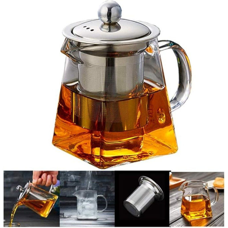 TEMU 550ml Square Glass Teapot With Infuser, Home-use Clear Tea Pot For Afternoon Tea, Stovetop And Microwave Safe, Suitable As Birthday Or Holiday