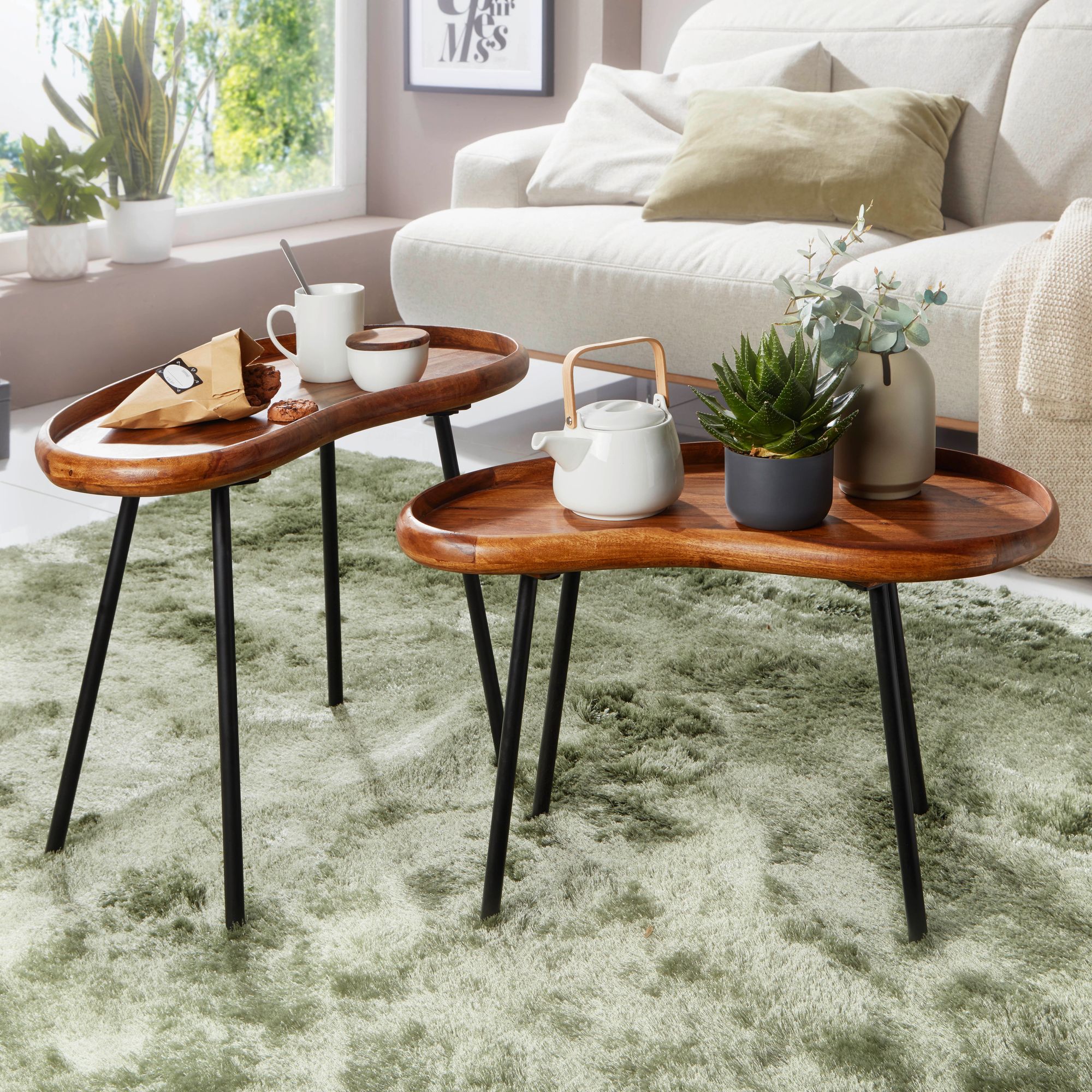 Coffee Table Set Fb52620 Solid Kidney-shaped Table With Metal Legs, Living Room Tables Solid Wood, Small Kidney Tables , Wooden Tables, Modern Side Table Set