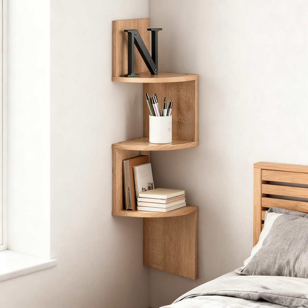 TEMU 3-tier Wooden Wall Shelf - Space-saving Corner Storage Rack For Bedroom, Living Room, Kitchen & Bathroom - Durable Wooden Organizer With 3