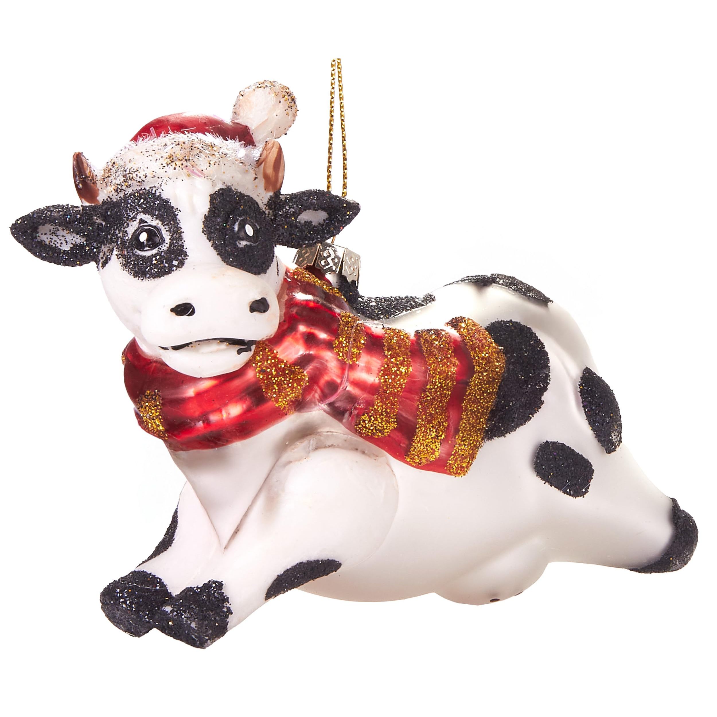 Image of Brubaker Cow Christmas Ball Made Of Glass With Christmas Hat And Scarf - Hand-painted & Mouth-blown - Farmhouse Christmas Tree Decoration Figures Funny Decoration Pendant Ball - 11 Cm