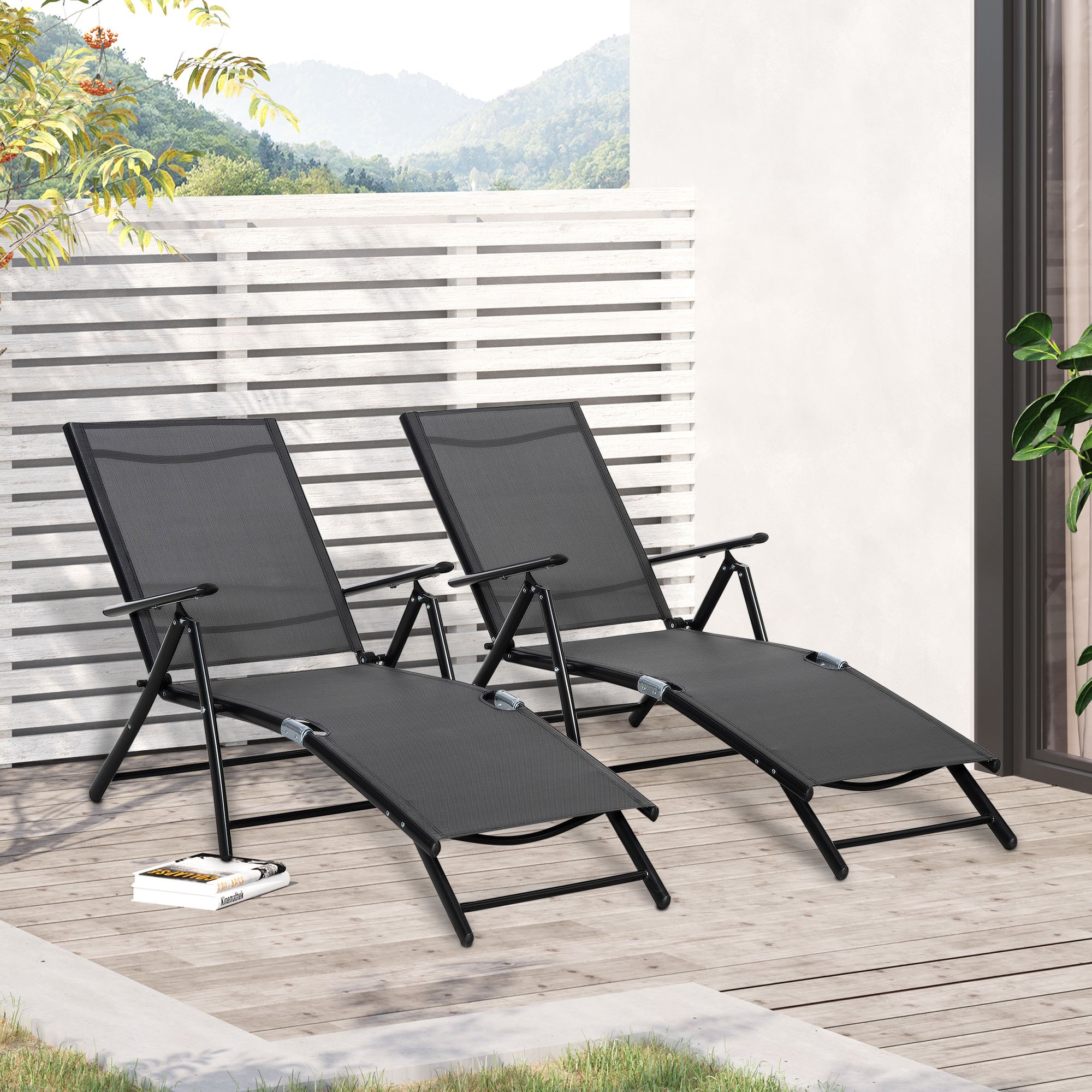 TEMU Outsunny Set 2 Sedie Sdraio da Giardino Pieghevoli con Schienale Regolabile in 7 Posizioni, Lettino Sdraio da Spiaggia in Alluminio e Rete Traspirante, Nere