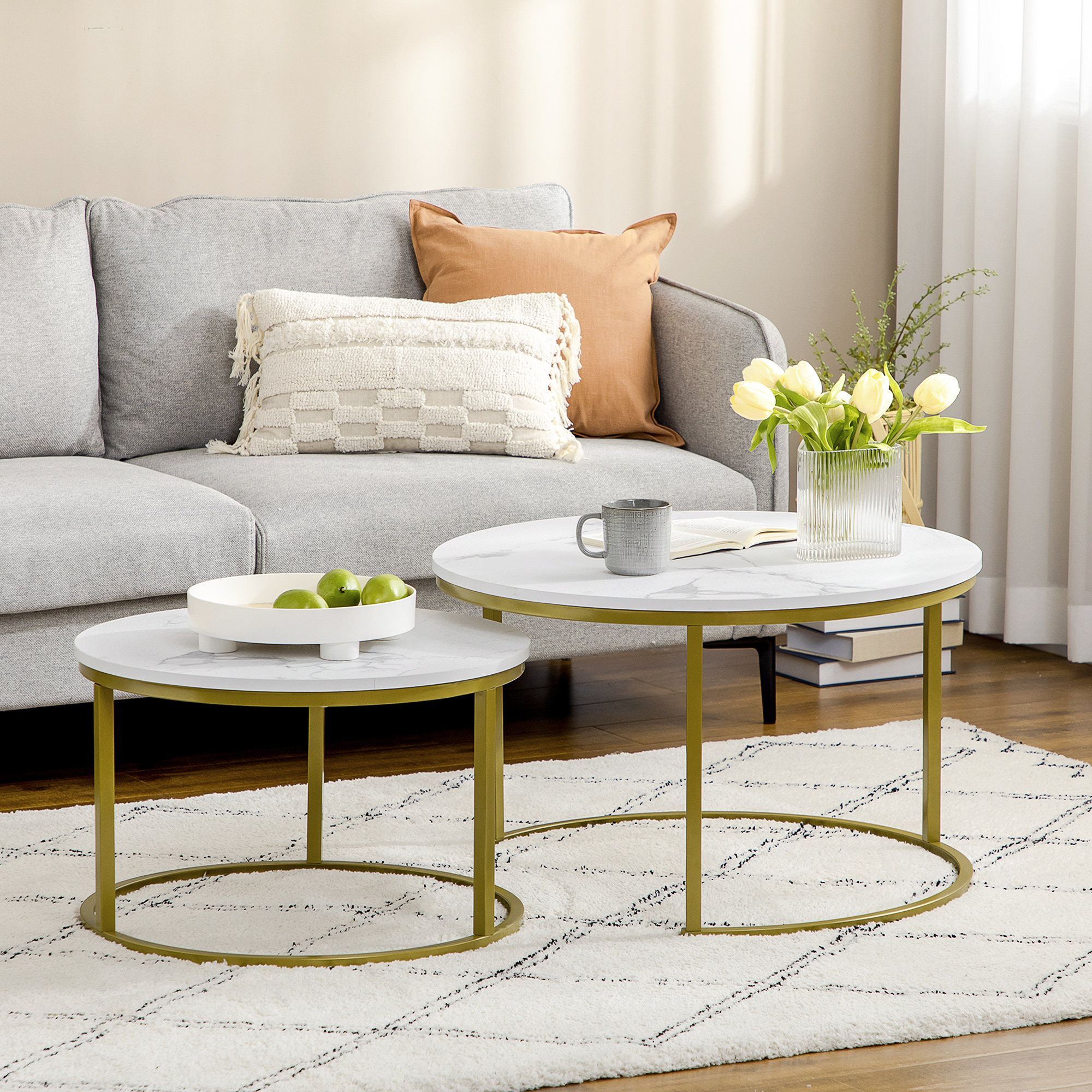 2pcs Set Coffee Table, Round Side Table, Coffee Table With Frame, Stackable Sofa Table With Marble Look, For Living Room, Loadable Up To 30 Kg, White