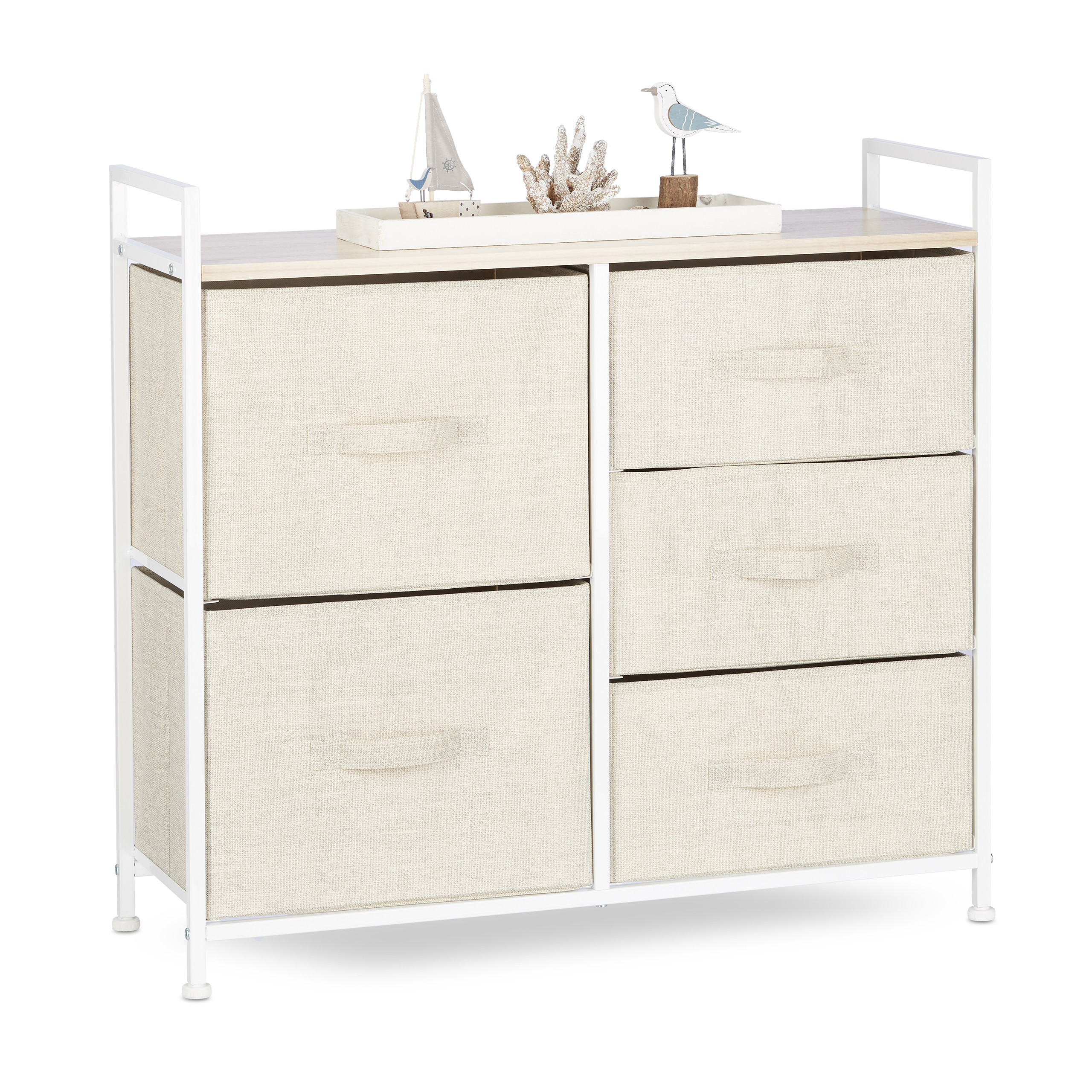 TEMU Étagère à tiroirs beige, 5 tiroirs, 77.5 x 83 x 29 cm, structure en acier avec MDF et compartiments en tissu, cadre blanc, charge jusqu’à 10 kg